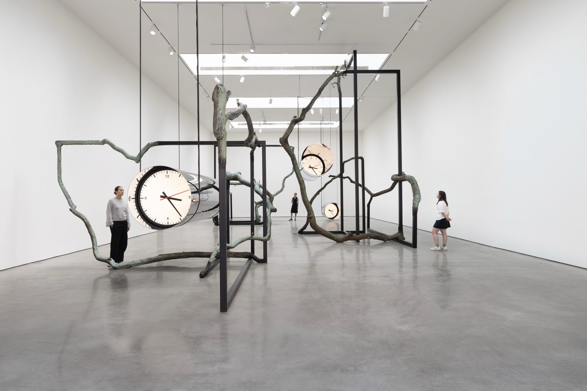 large suspended cylindrical metal sculptures with distorted clocks on the end suspend from a gnarled, tree like sculpture