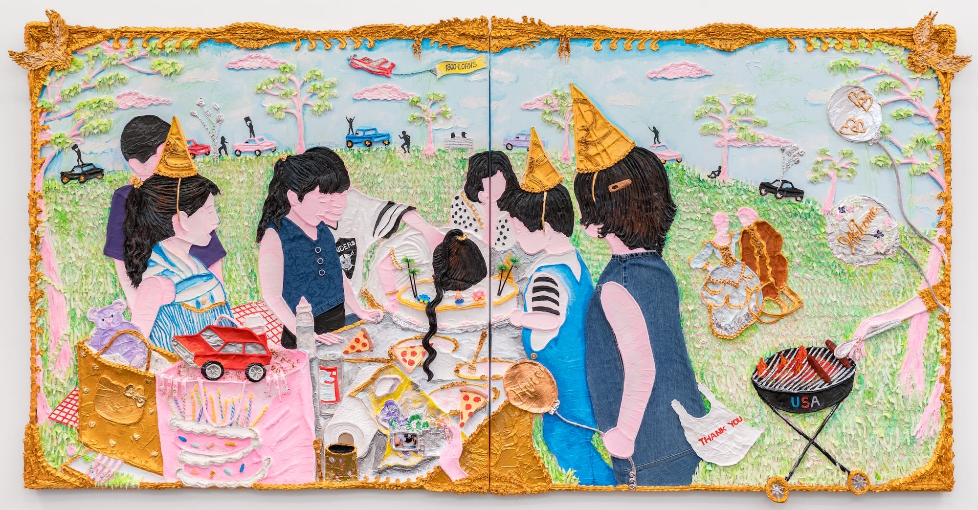 a horizontal mixed-media painting of figures in a landscape