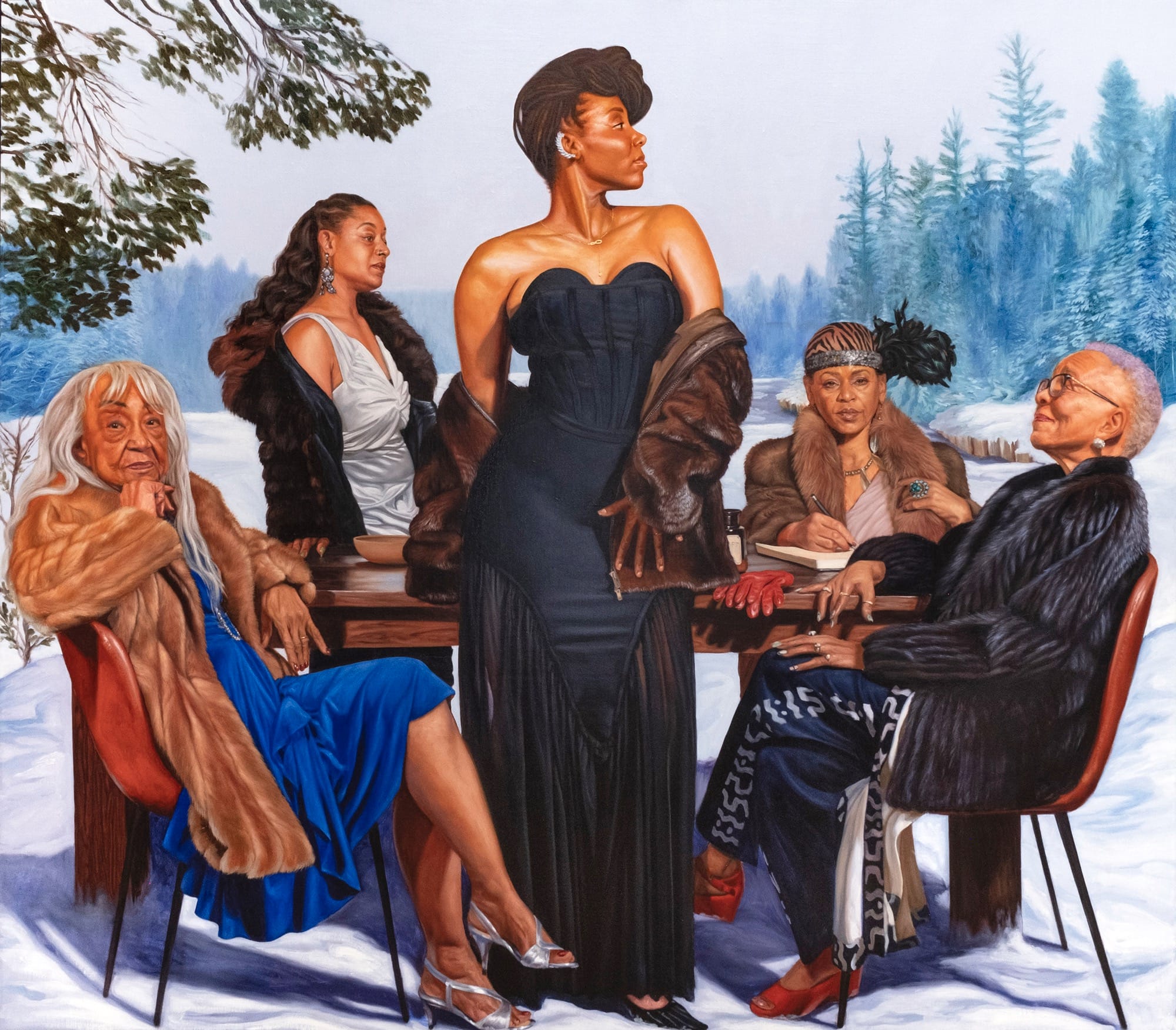 an oil painting of five women in elegant dress, standing in a snowy landscape