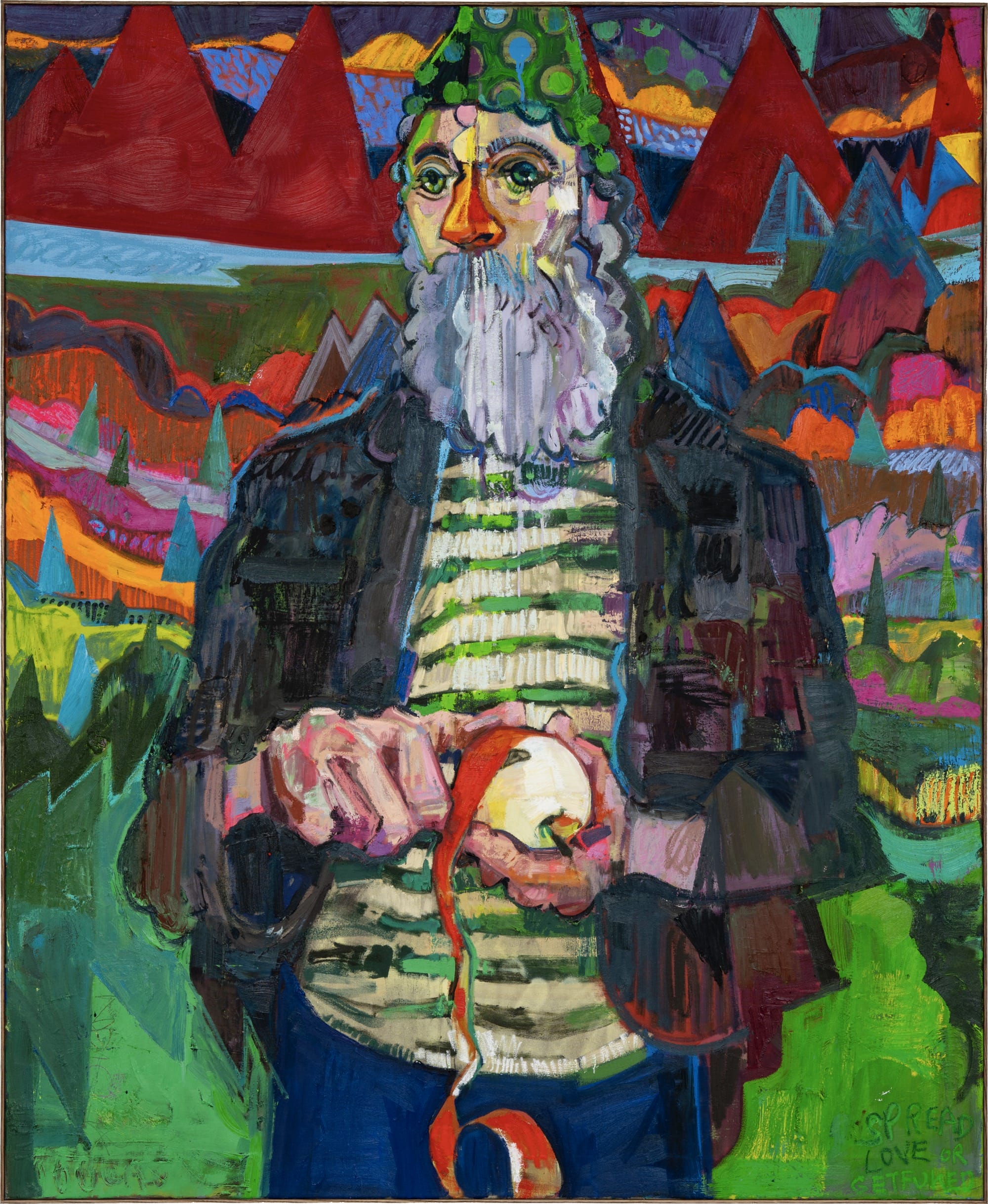 a portrait of a man with gray beard peeling an apple with a knife