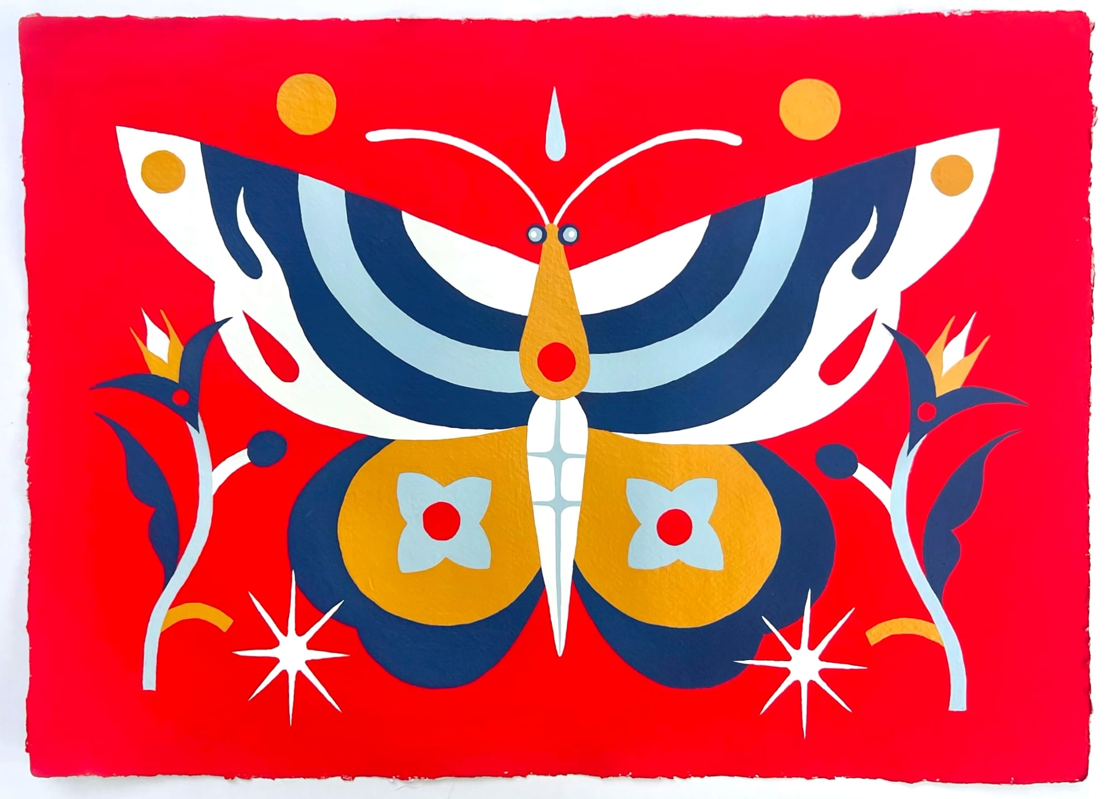 a blue, white, and yellow butterfly on bright red