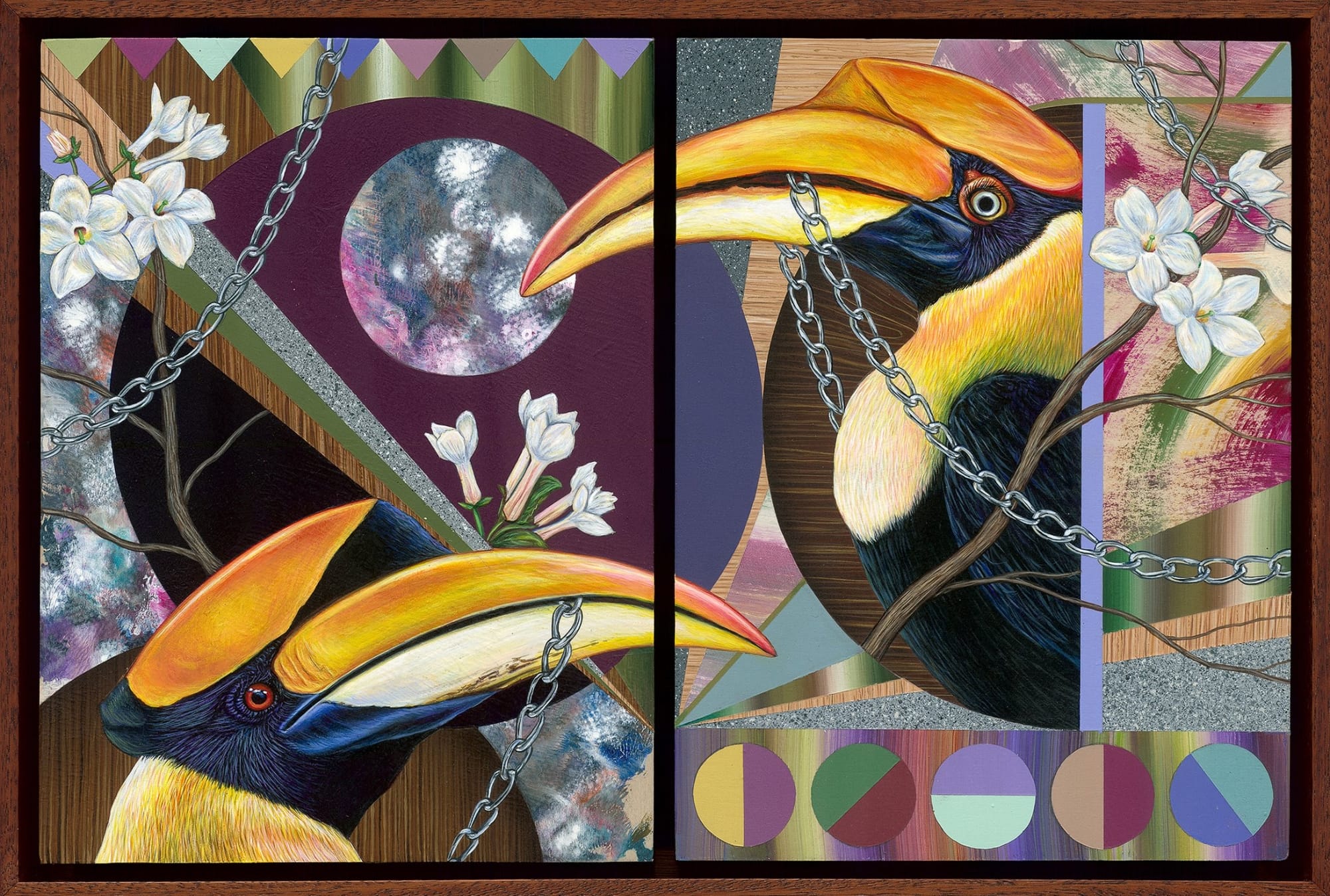 a painting of tropical birds, chains, plants, and geometric elements