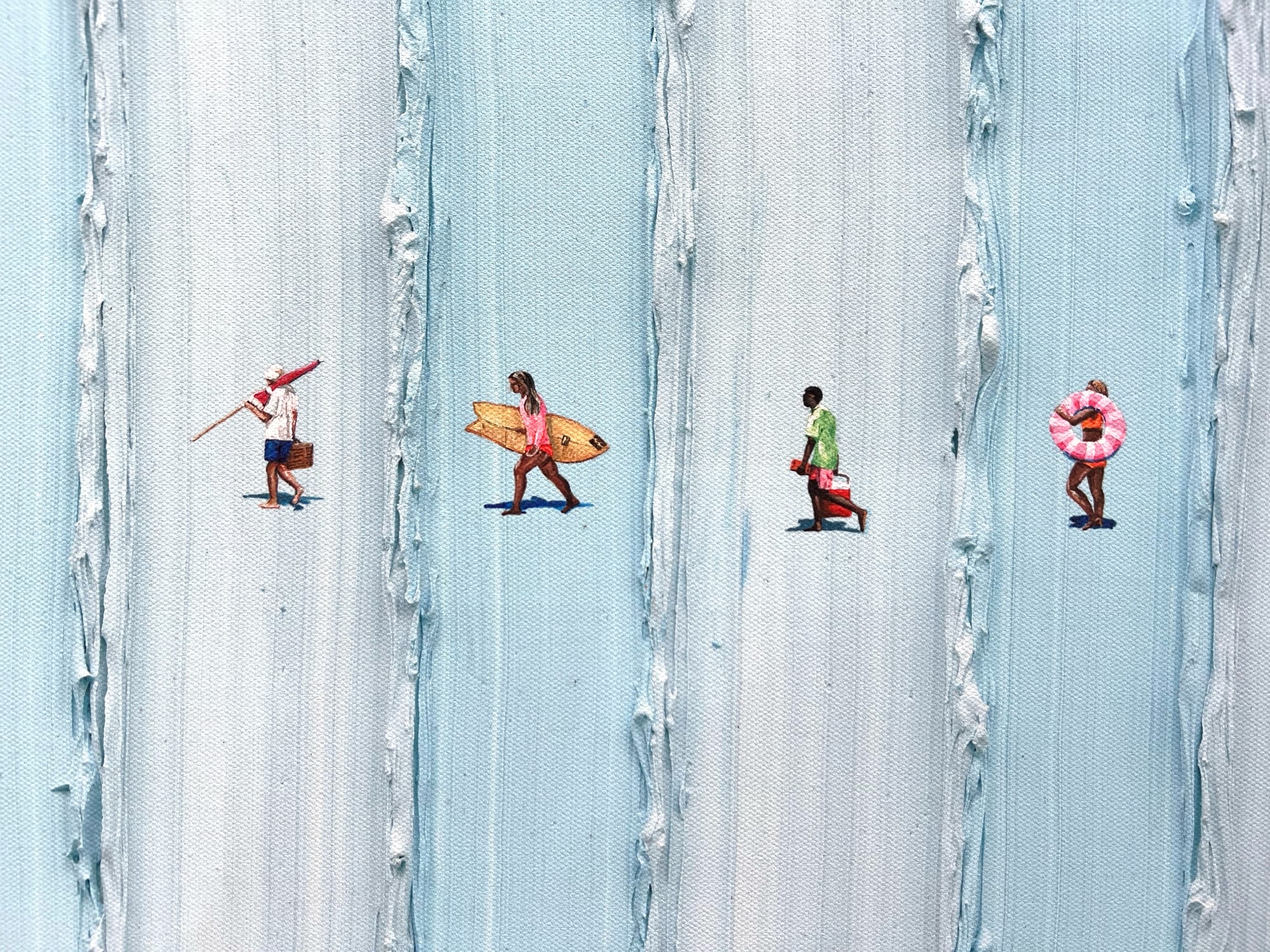 people headed to the beach on blue impasto stripes
