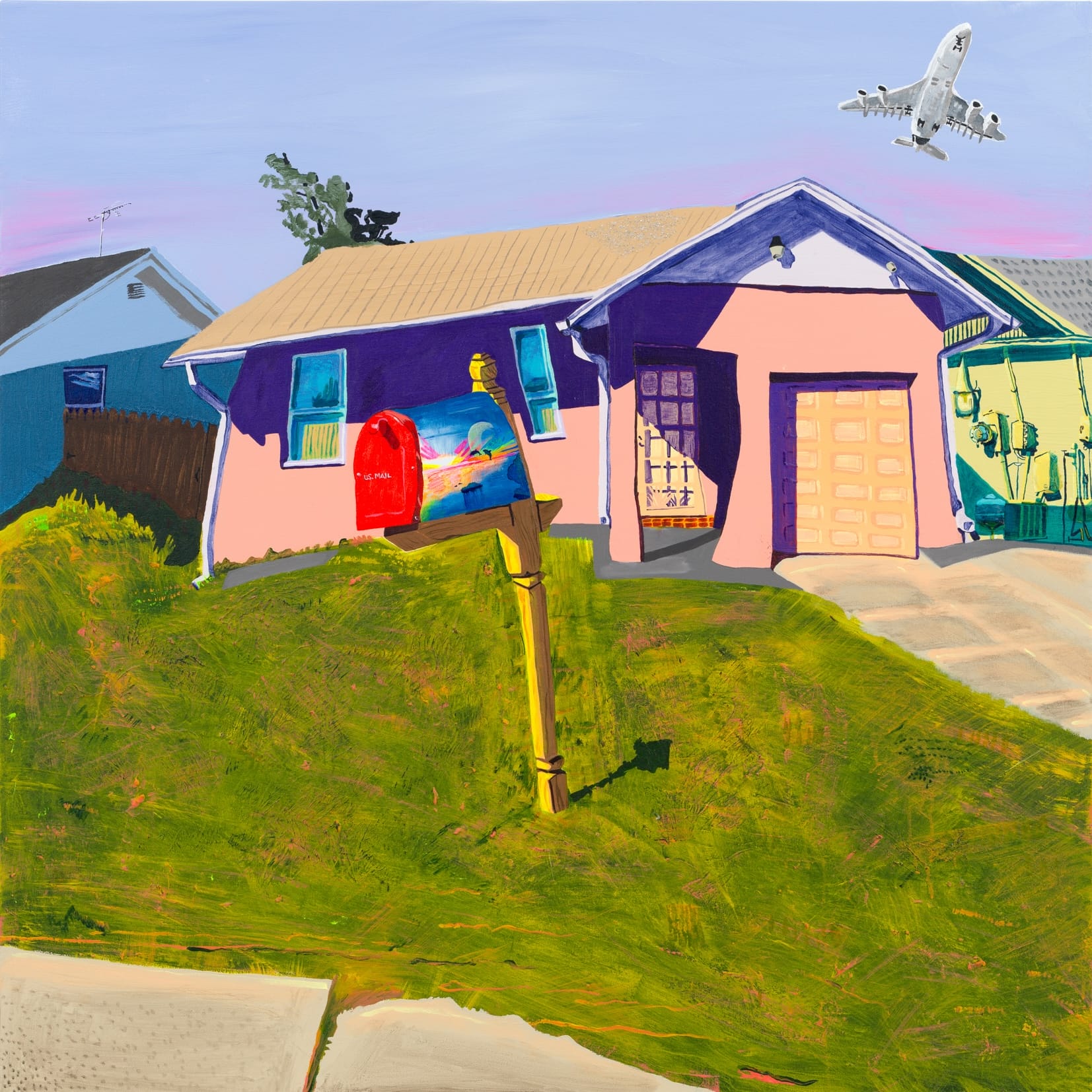 a square-format painting by Gabrielle Garland of a slightly wonky pink house with a painted mailbox in the front yard