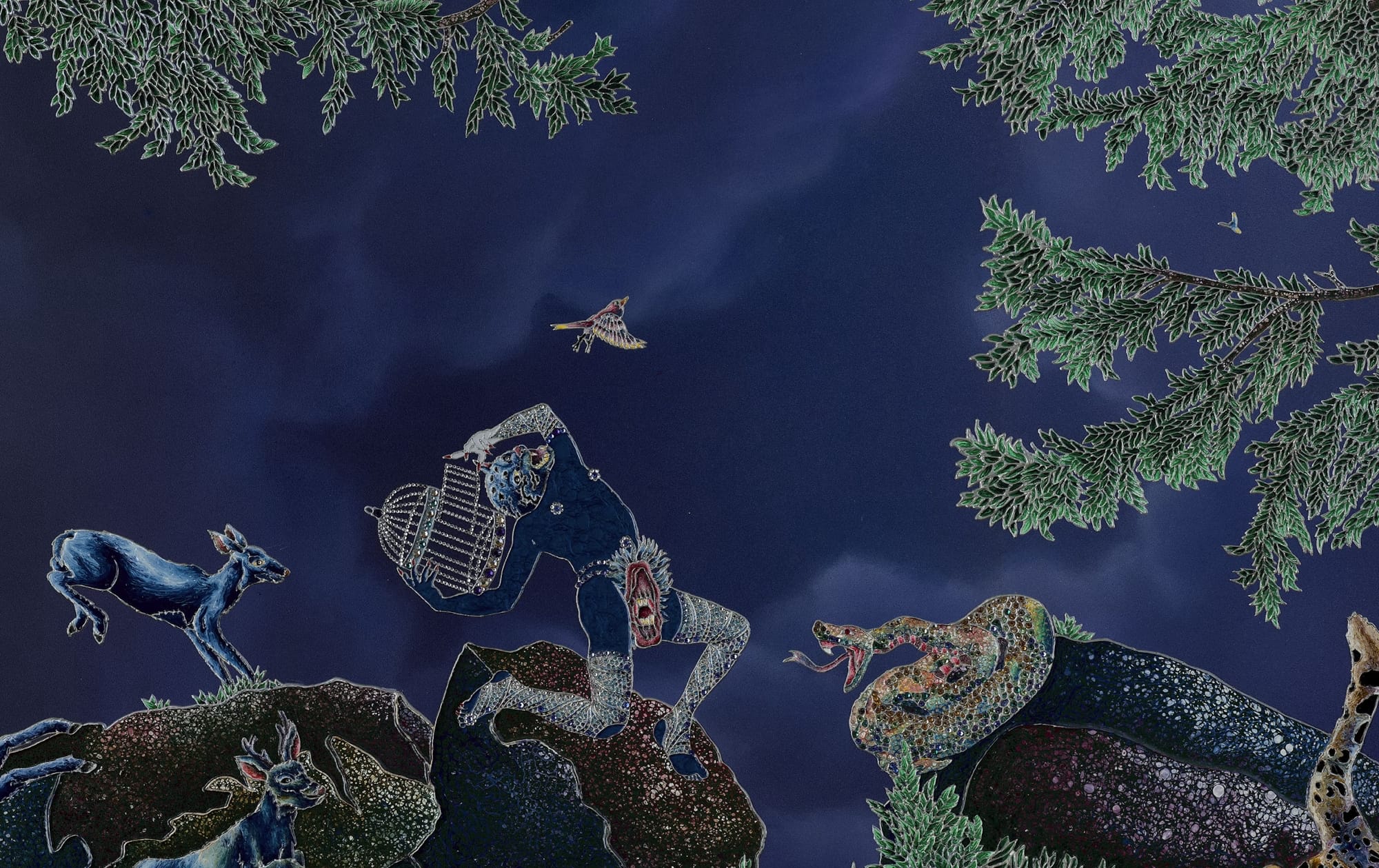 a figure throwing a birdcage at night