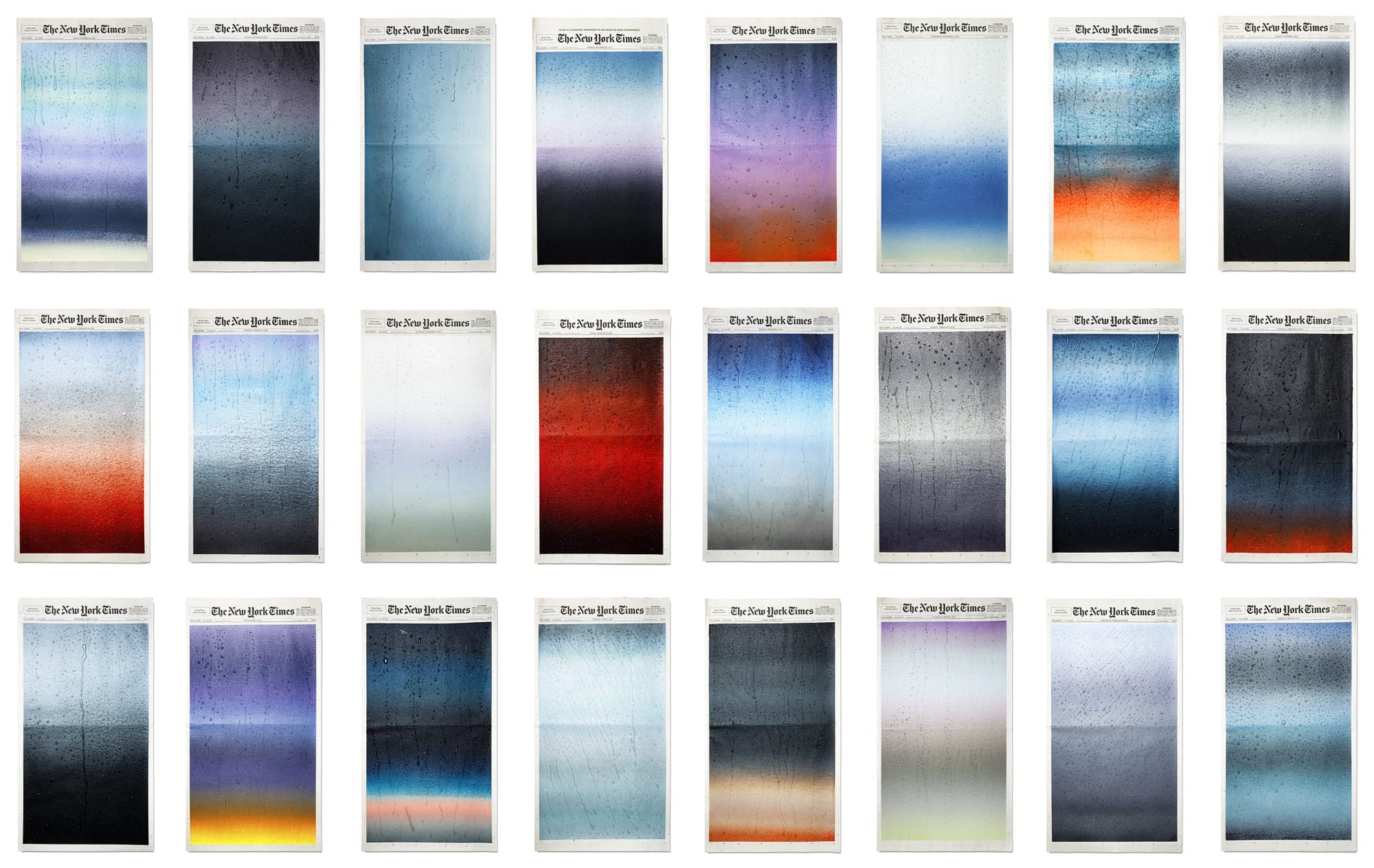 a grid of colorful painted covers of the new york times