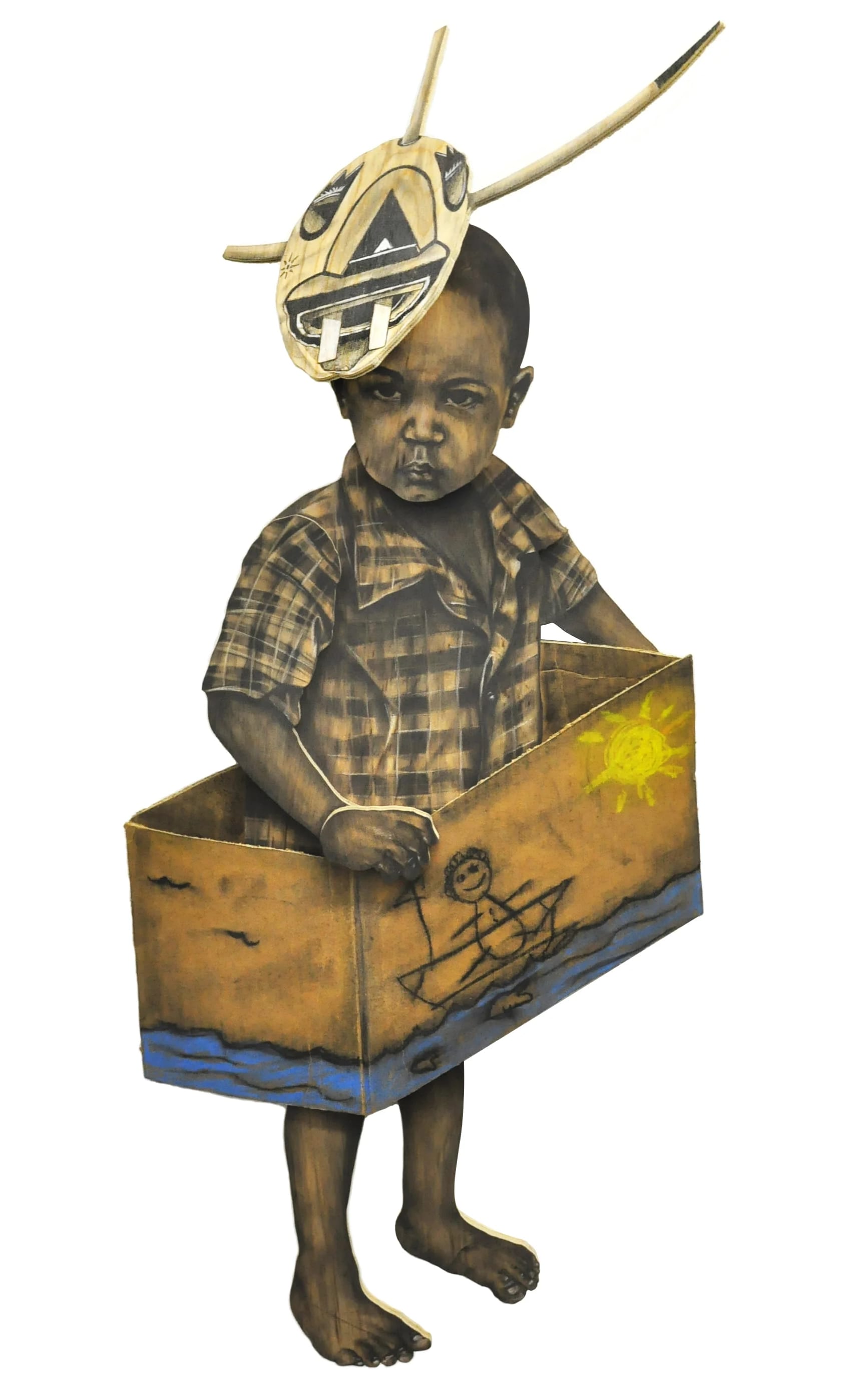 a portrait of a childhood with a mask on his head and a box with a drawing of a figure in a boat around his waist
