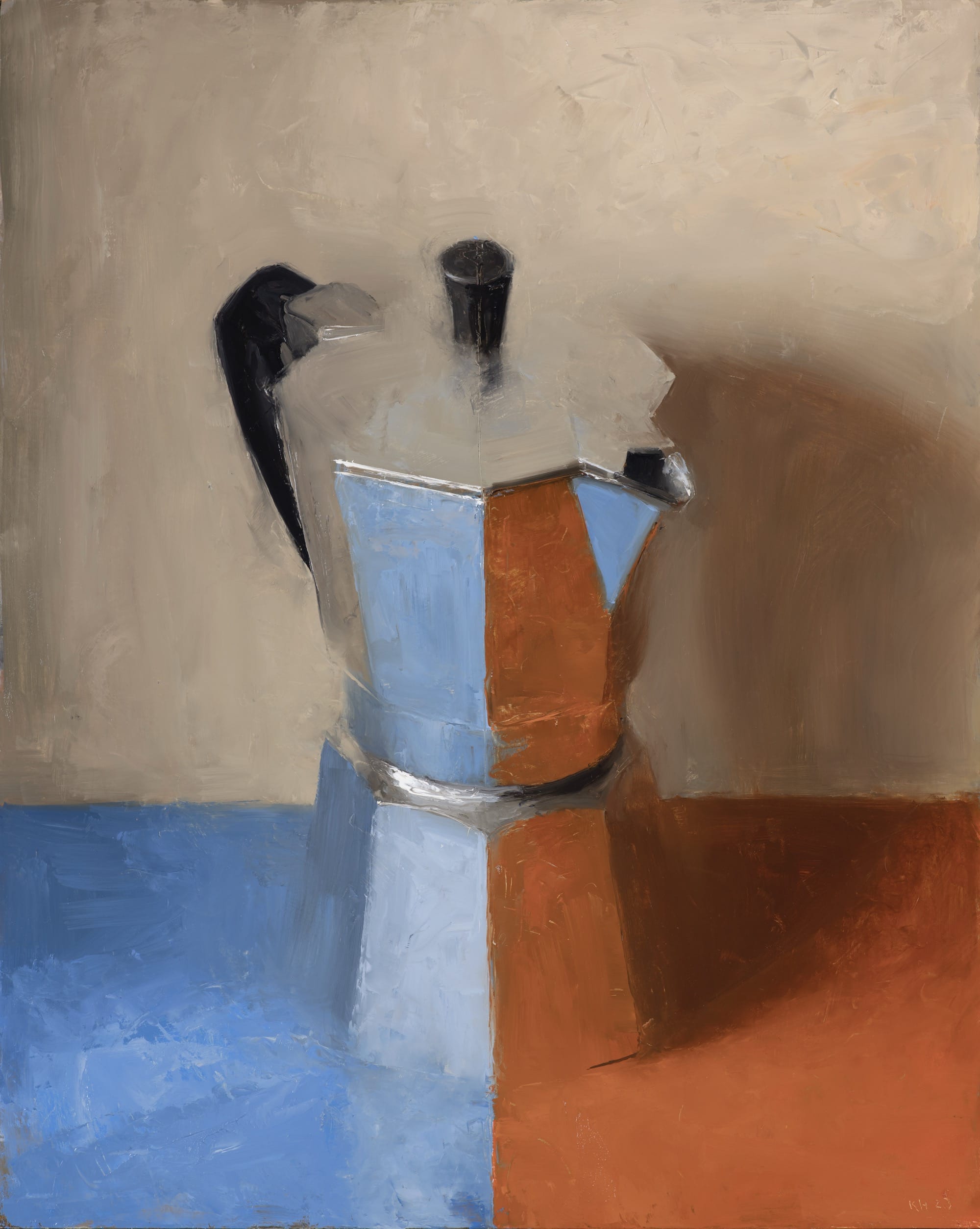 an oil painting of a moka coffee maker reflecting red and blue on the table
