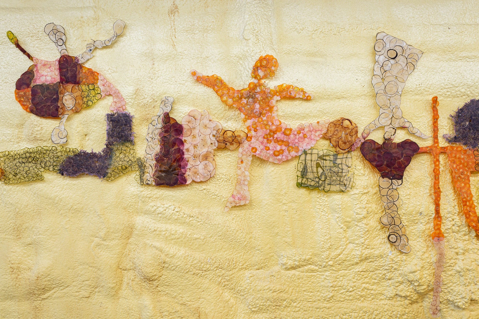 figurative and abstract shapes made of dried slices of produce on a yellow concrete wall