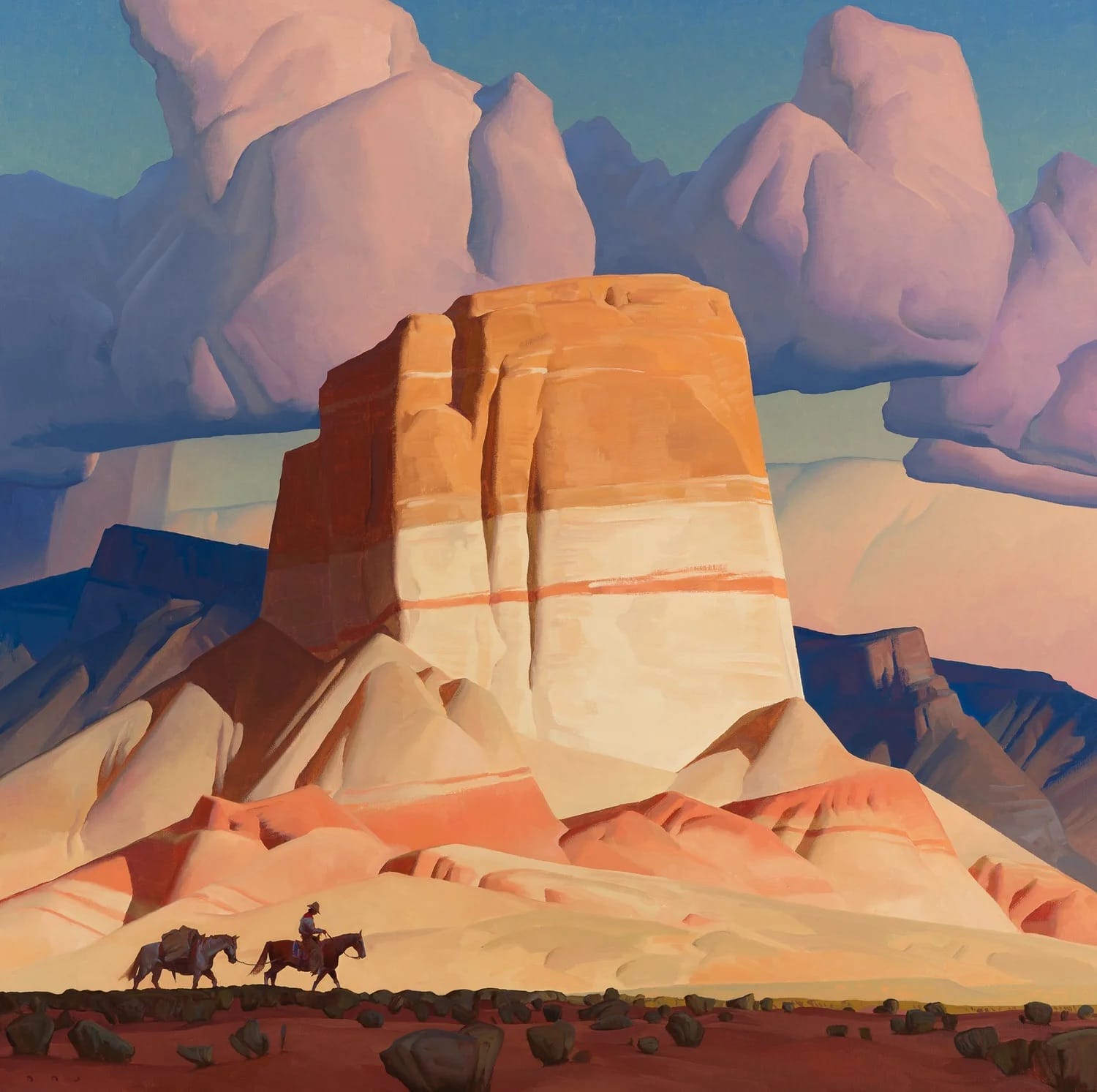 an oil painting by Brett Allen Johnson of a desert scene with a silhouette in the foreground of a rider on horseback and a pack mule