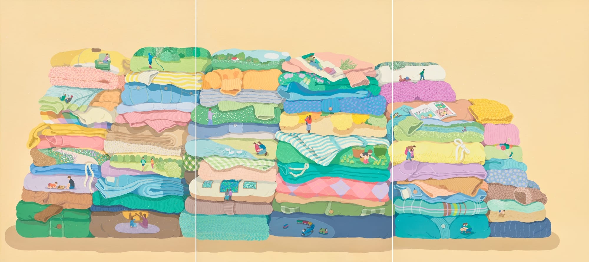 a multi-panel work with piles of laundry and tiny vignettes within the stacks