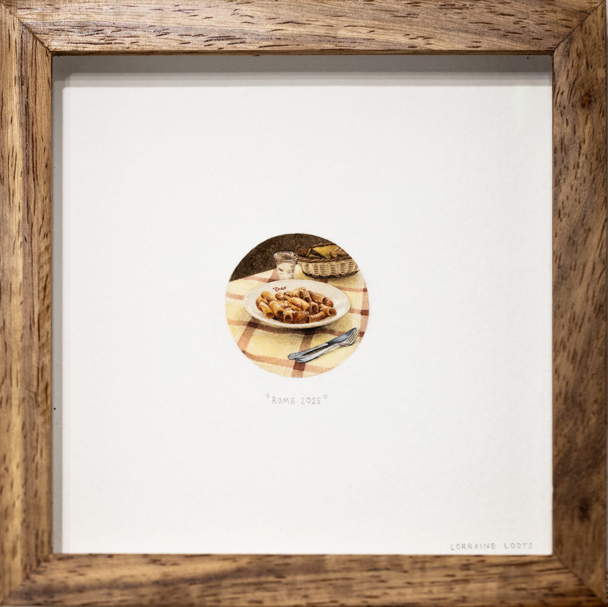 a tiny painting of some pasta