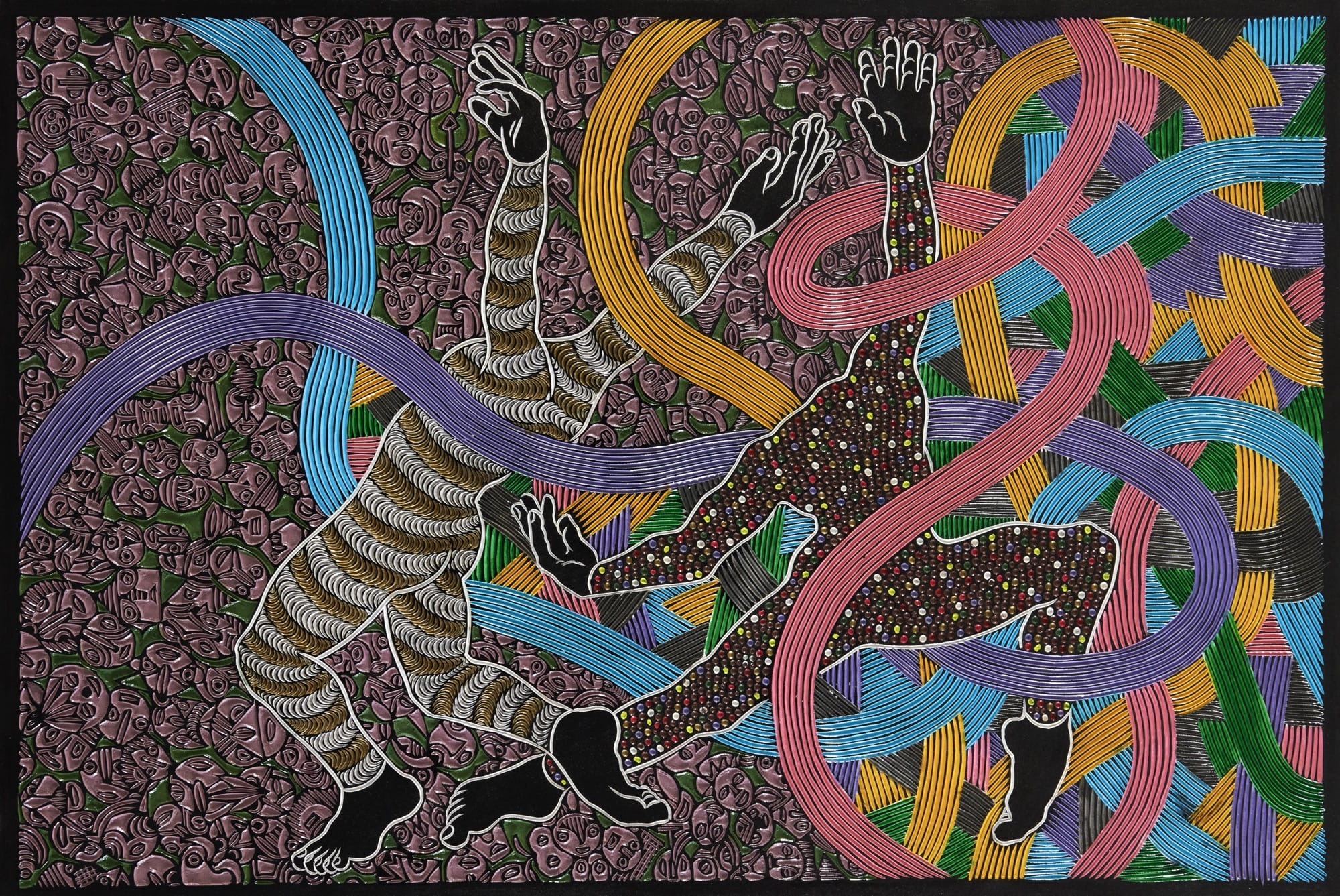 An abstract painting carved from wood with geometric patterns and two headless figures.