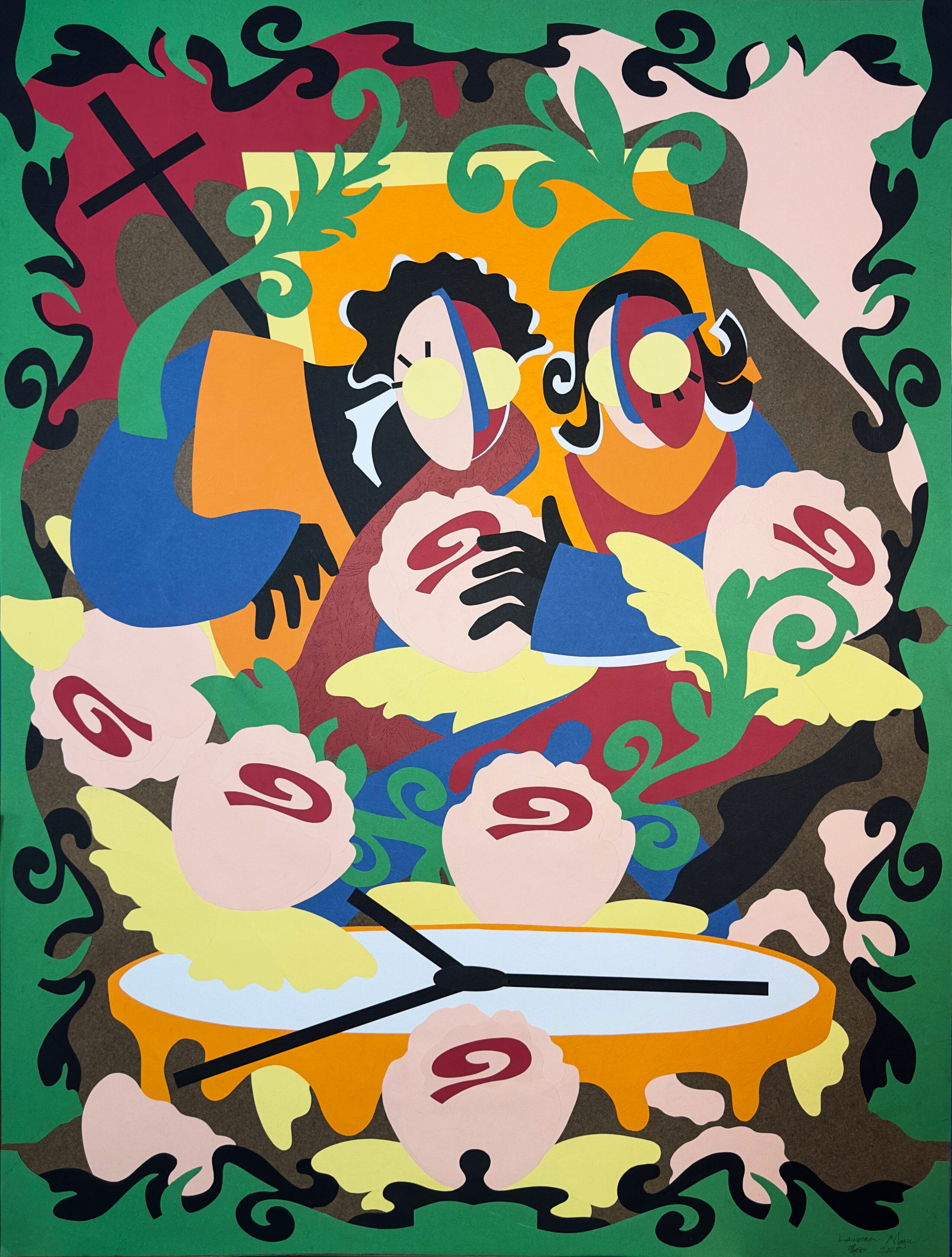 an abstract paper collage by Lawrence Meju featuring figures, a clock, and swirling shapes