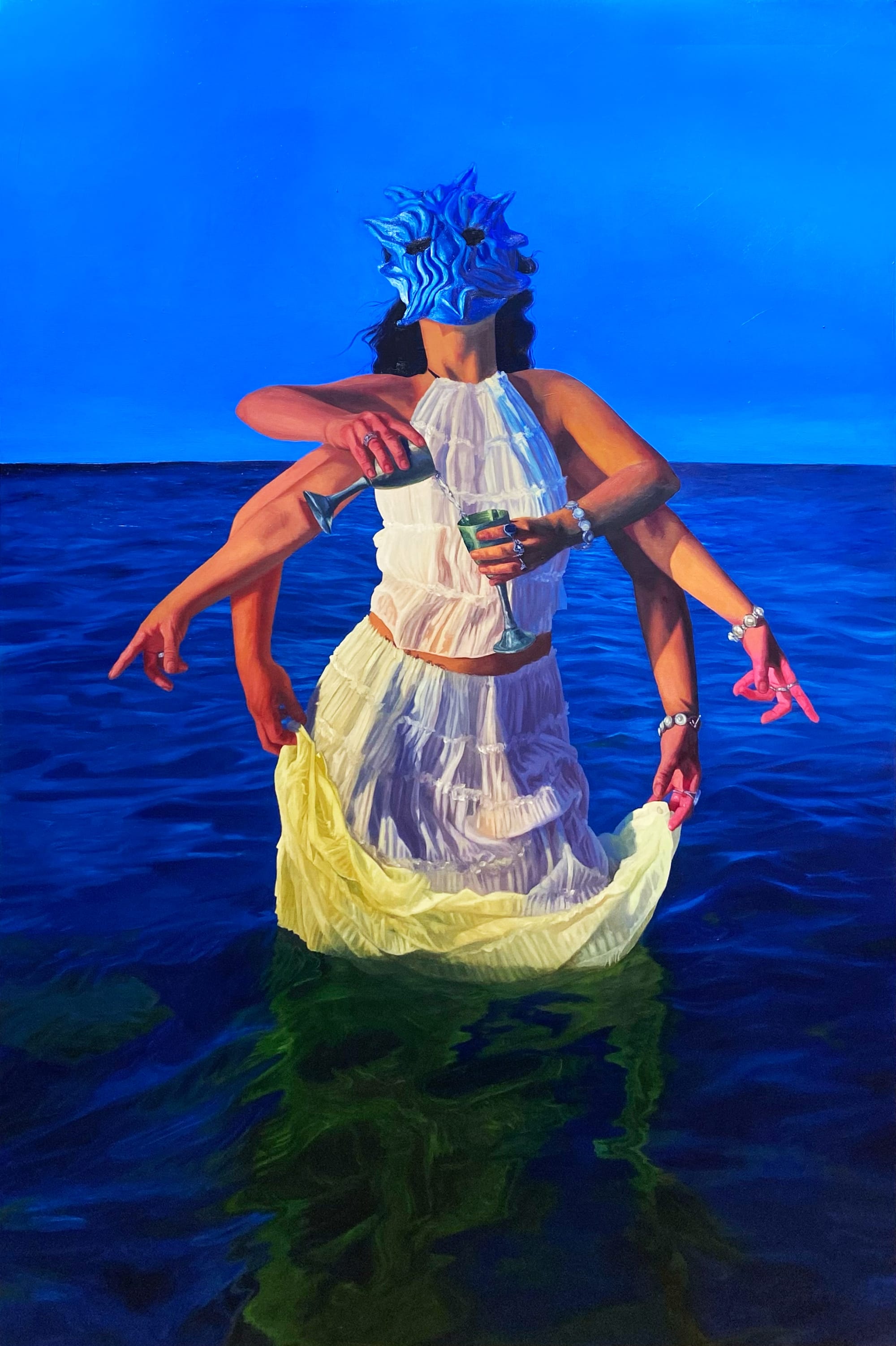 a painting of two women in white in water with a mask over the first face and hands pouring water into cups