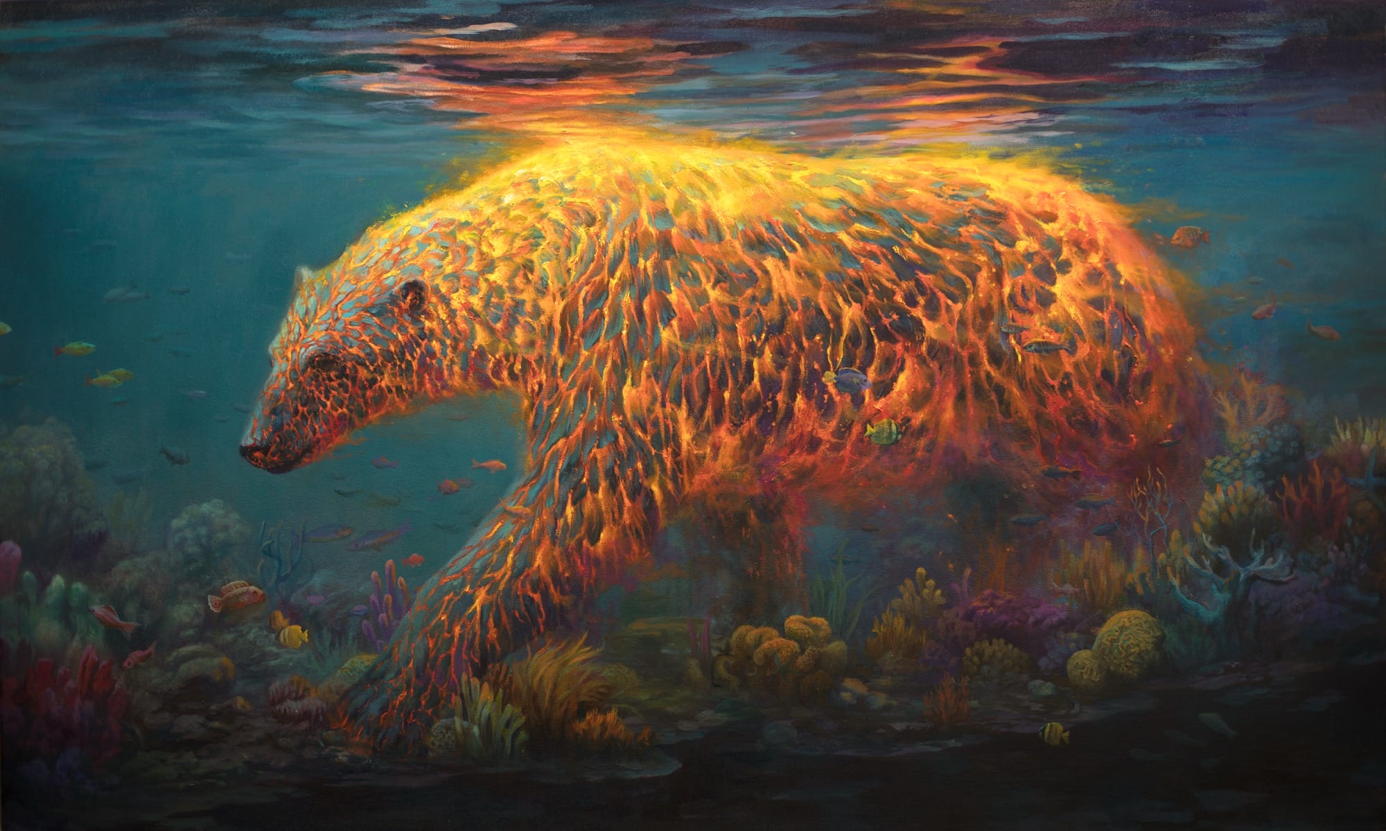 an oil painting by Martin Wittfooth of a fiery polar bear