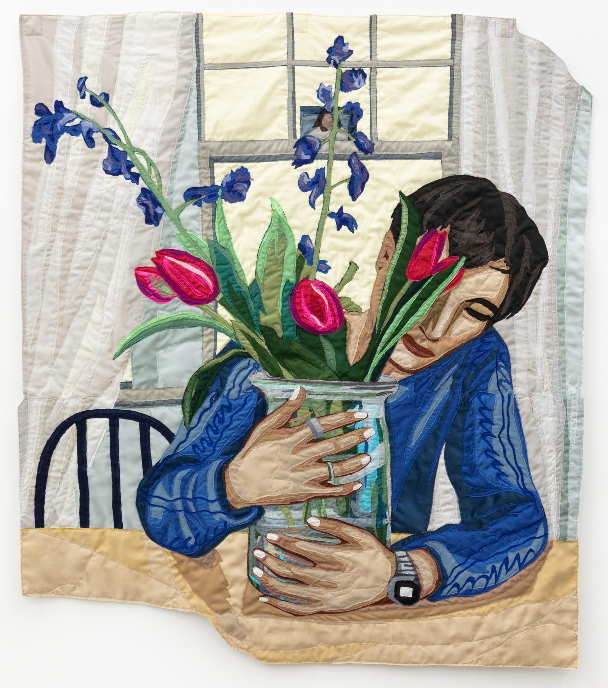 a quilt by Hangama Amiri of a person cradling a bouquet of flowers in a vase on a table