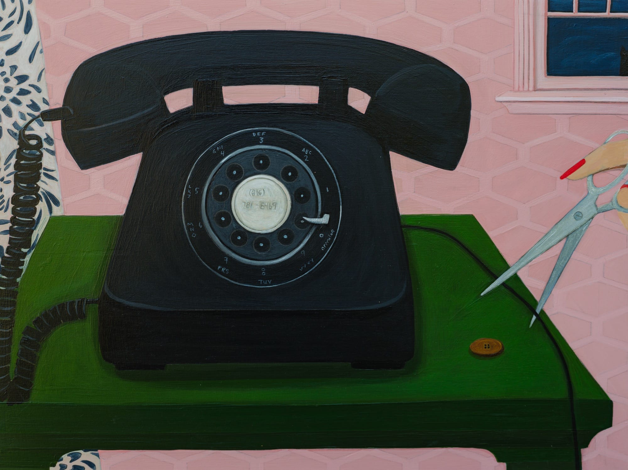 a black rotary phone sits on a green table and a hand reaches out with a scissors to cut the cord in a painting by Angela Burson