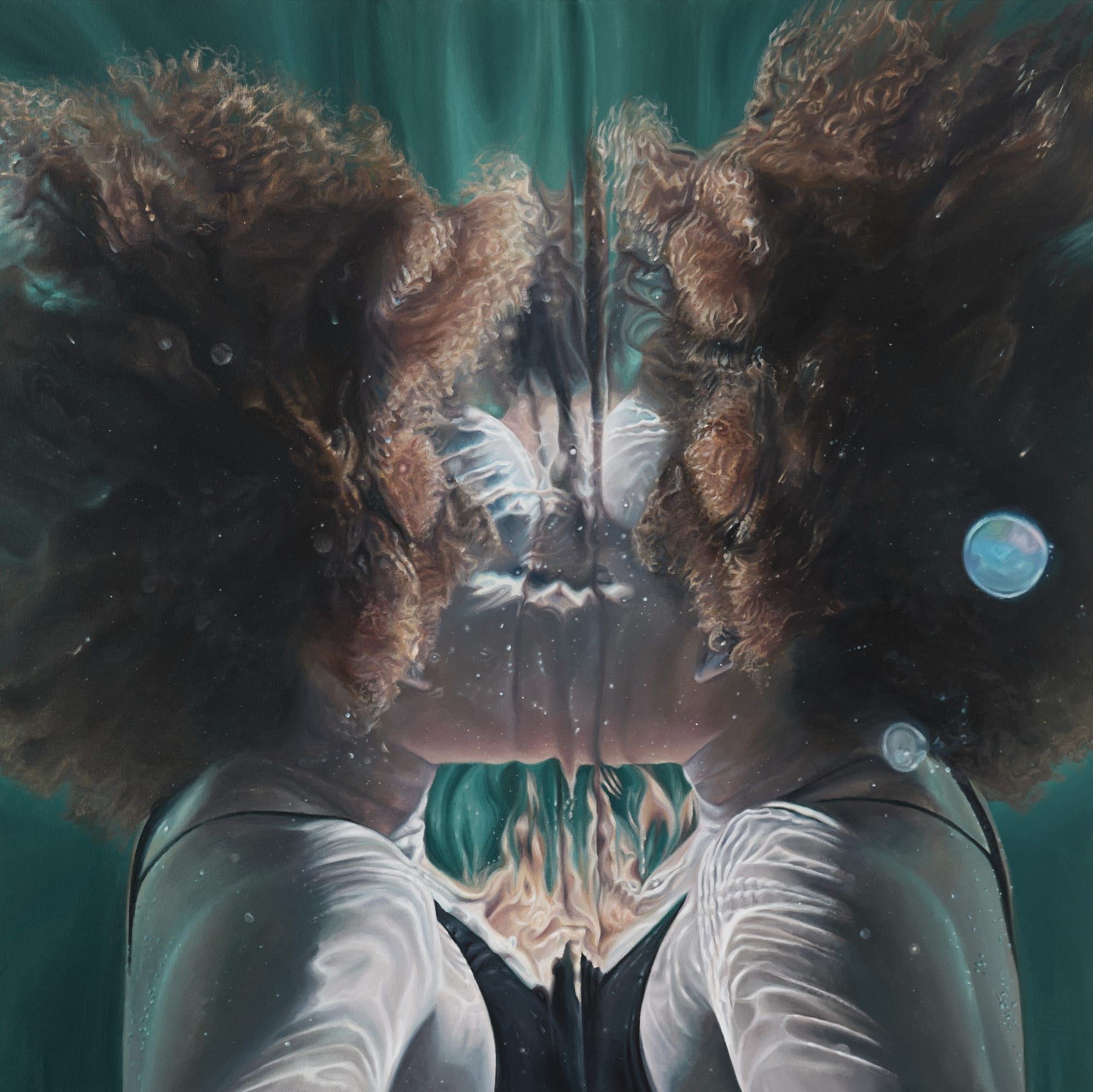 a mirrored Black figure underwater in a painting by Calida Garcia Rawles