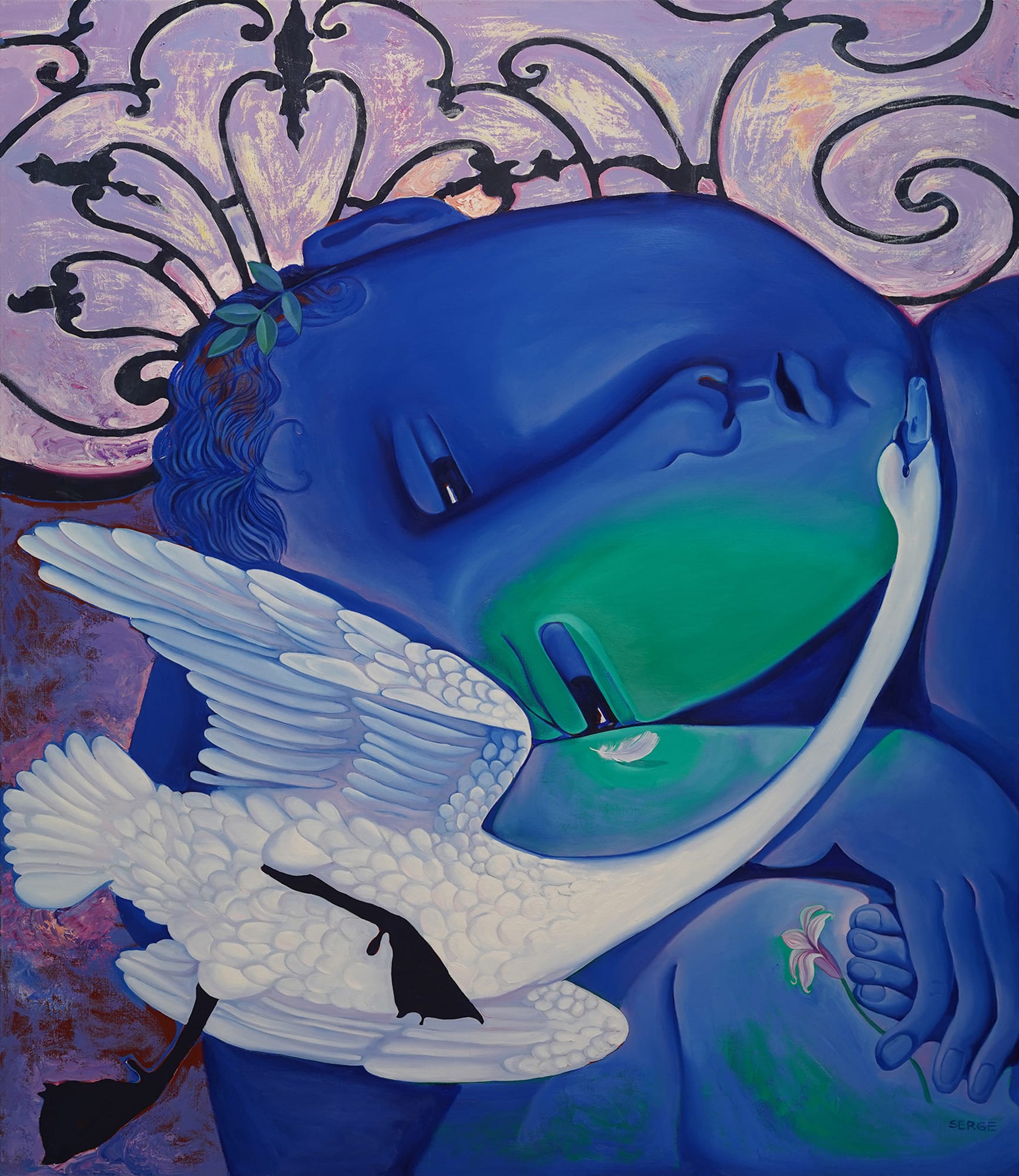 a blue, dreamlike painting by Sergiu Ciochina of a figure's face enveloped by a small swan