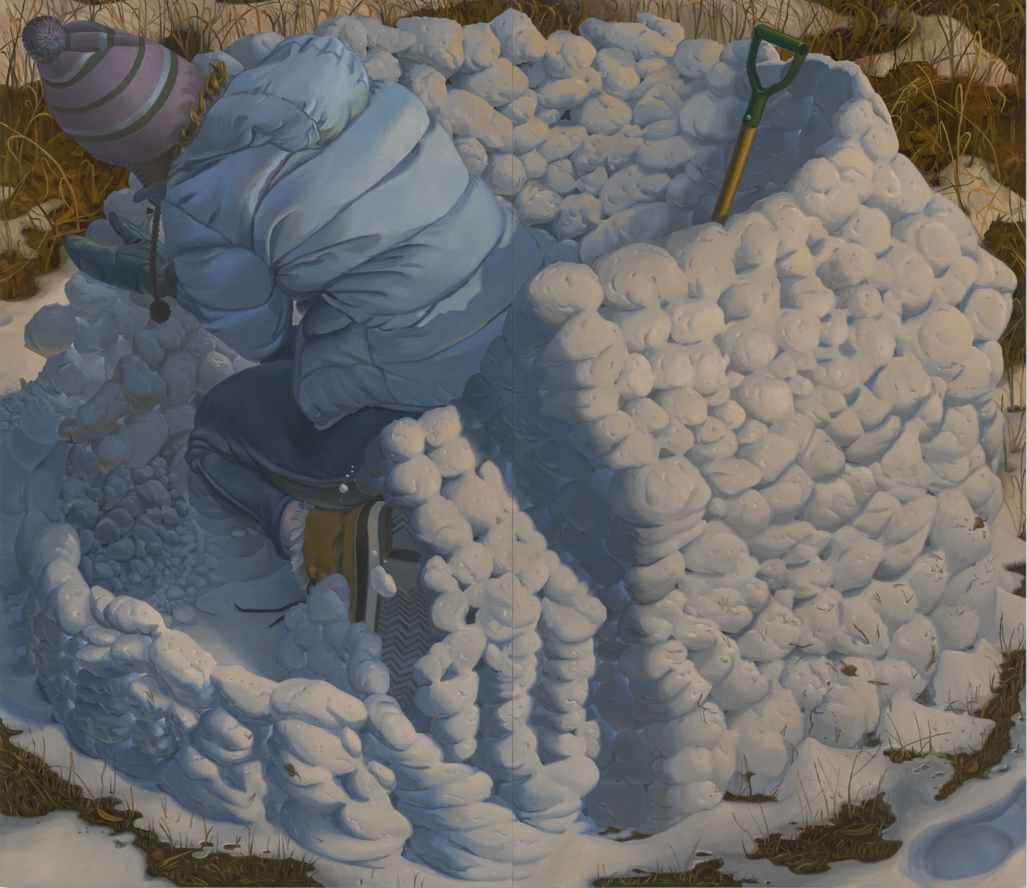 an oil painting by Maud Madsen of a woman in a coat and snow pants making a walled or igloo-like structure out of snowballs