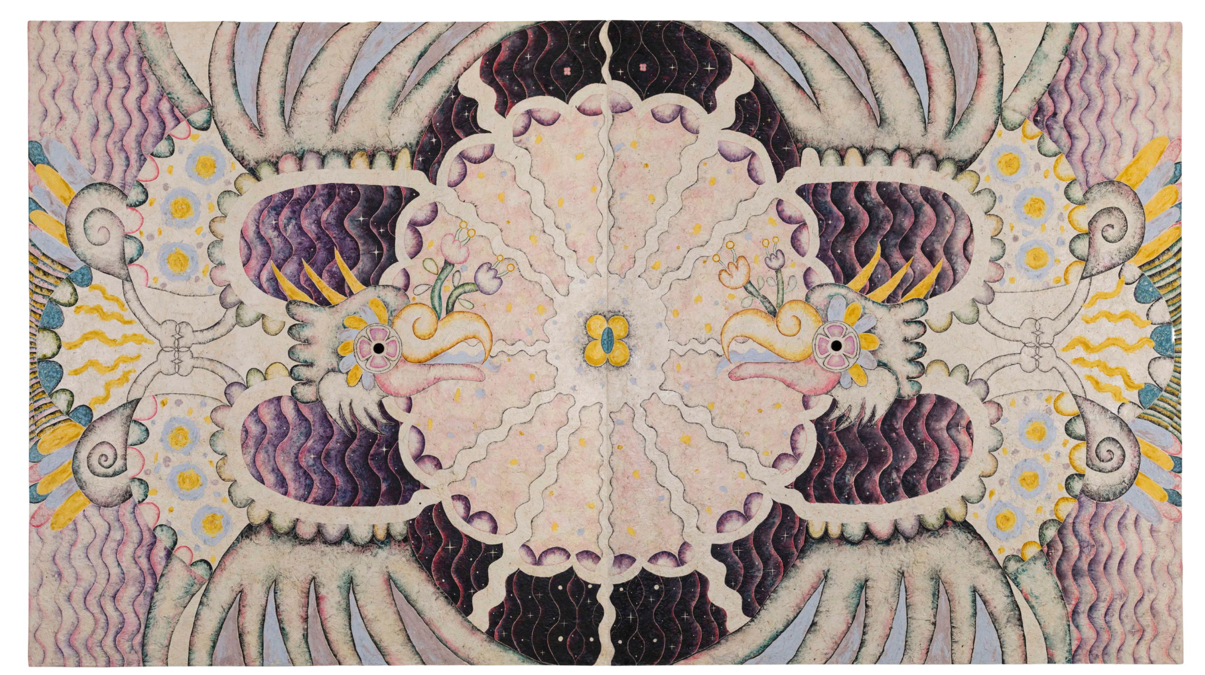 "Noche obsidiana." symmetrical natural pigment painting by Omar Mendoza, featuring cosmic symbols and visual motifs evoking Mesoamerican ancestry