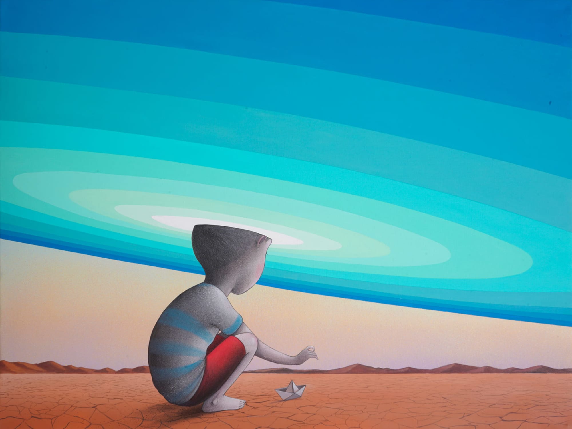 a painting of a child playing with a paper boat in the desert with their head surrounded by a blue halo-like sky, Seth Globepainter