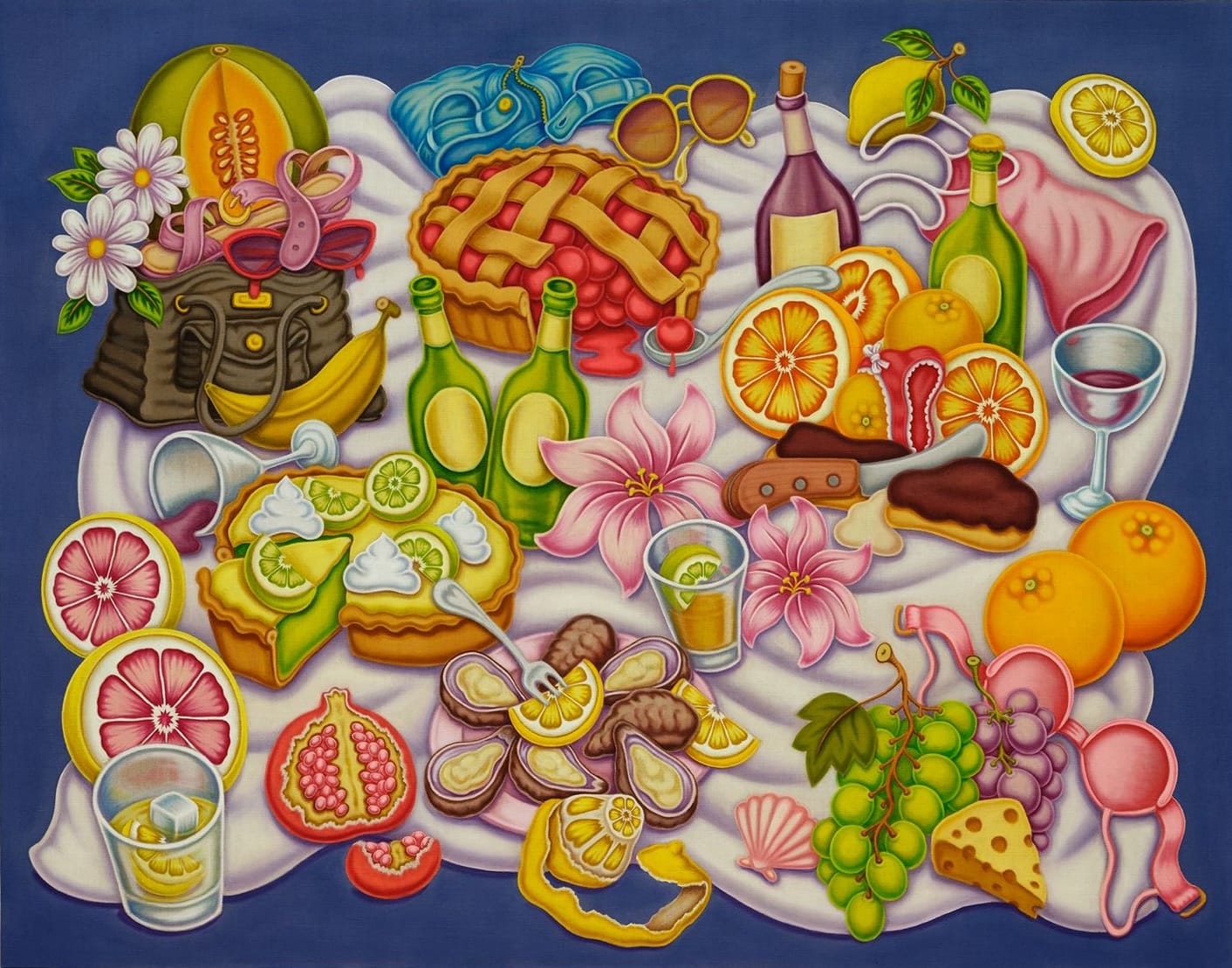a painting by Pedro Pedro of numerous fruits and treats on a blanket