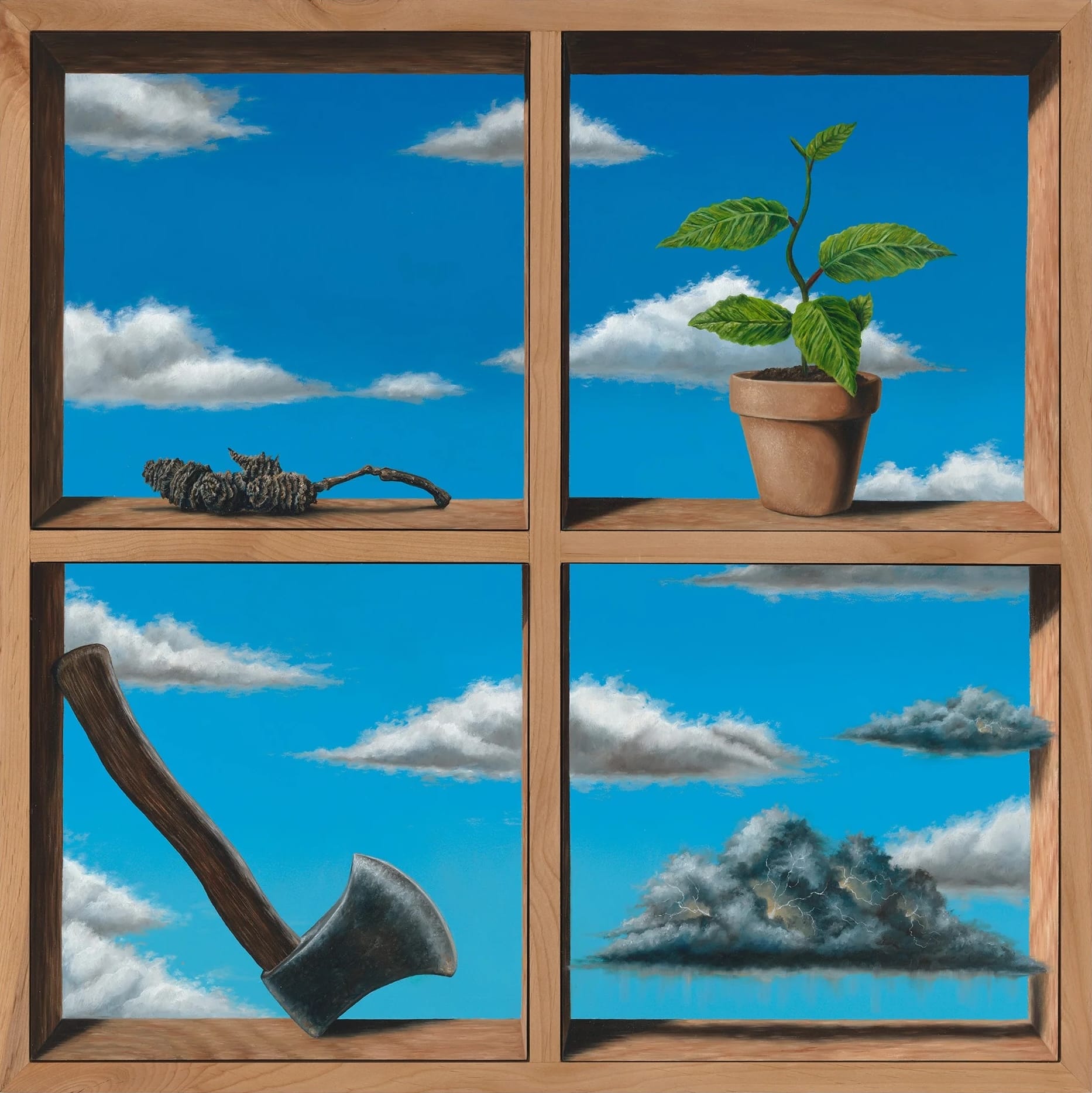 a surreal painting by Joseph Renda Jr. of a four-paned window with a blue sky through it, framing motifs like an axe, potted plant, and storm cloud