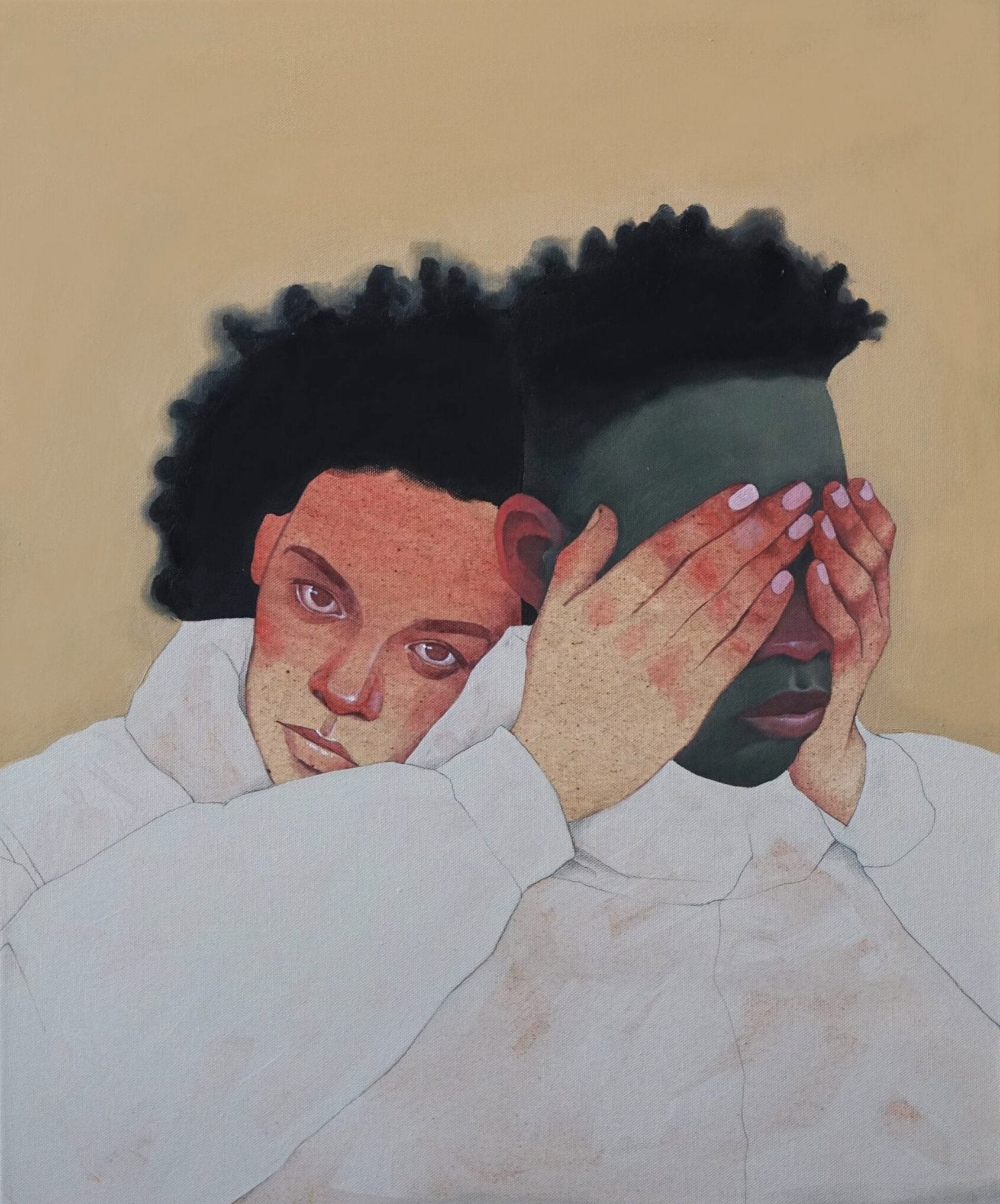 Painting of two figures, with one holding the eyes of the other closed.