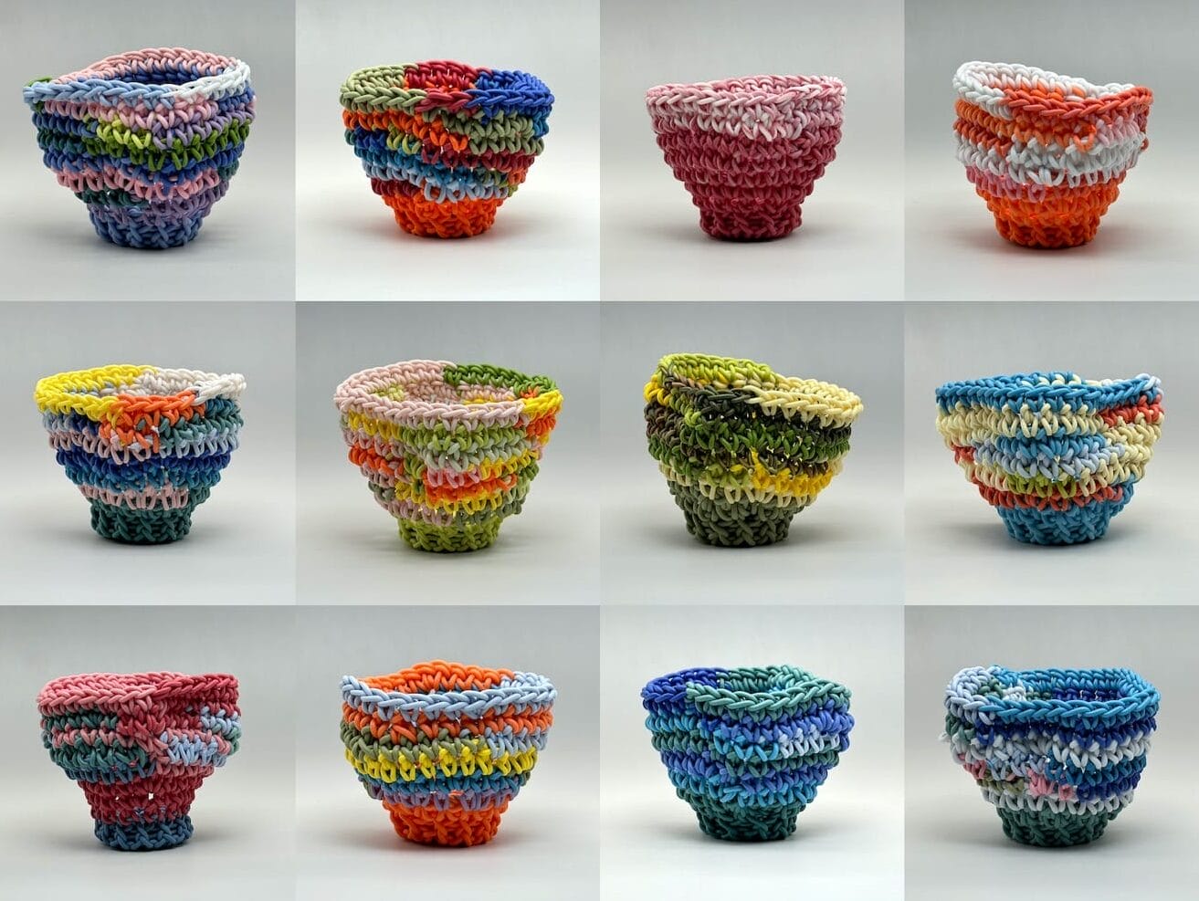 a grid of 12 small, colorful porcelain vessels by Jeremy Brooks that have been made by crocheting long strands of clay