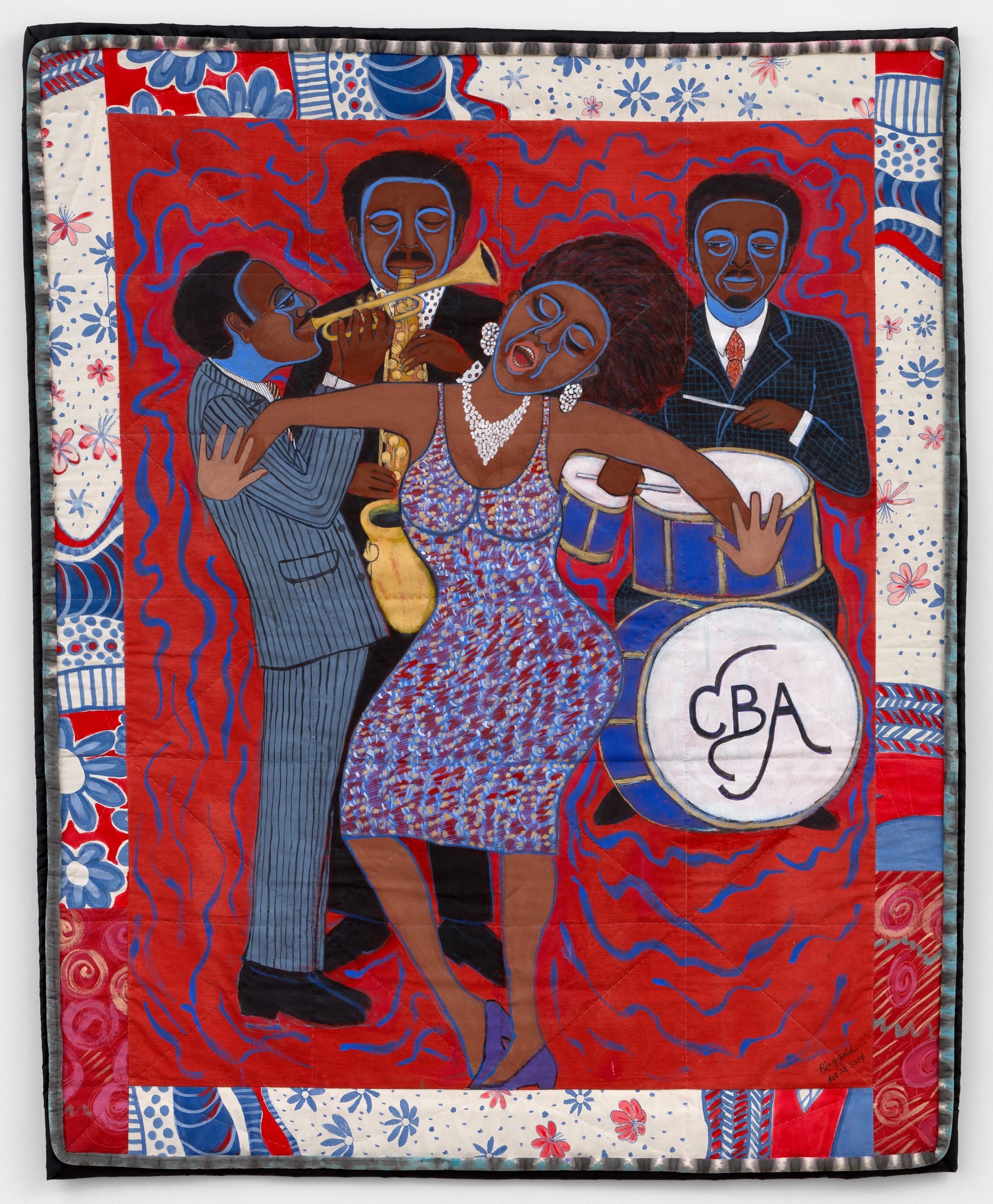 a story quilt by Faith Ringgold featuring sewn, quilted edges with a painted-and-sewn scene in the center of a jazz performance