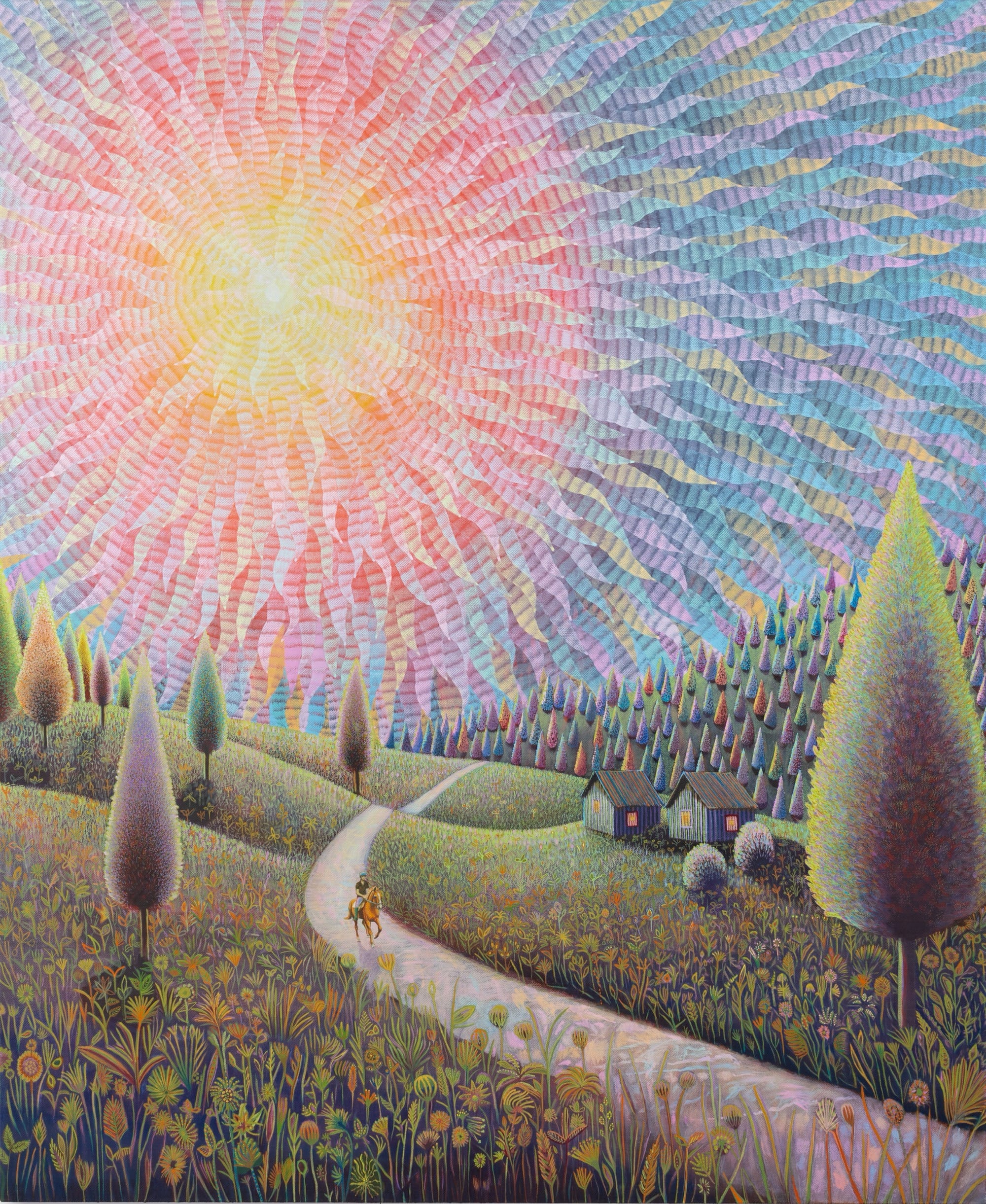 an oil painting by David Brian Smith of a sunrise over a bucolic landscape, with a road running through green hills