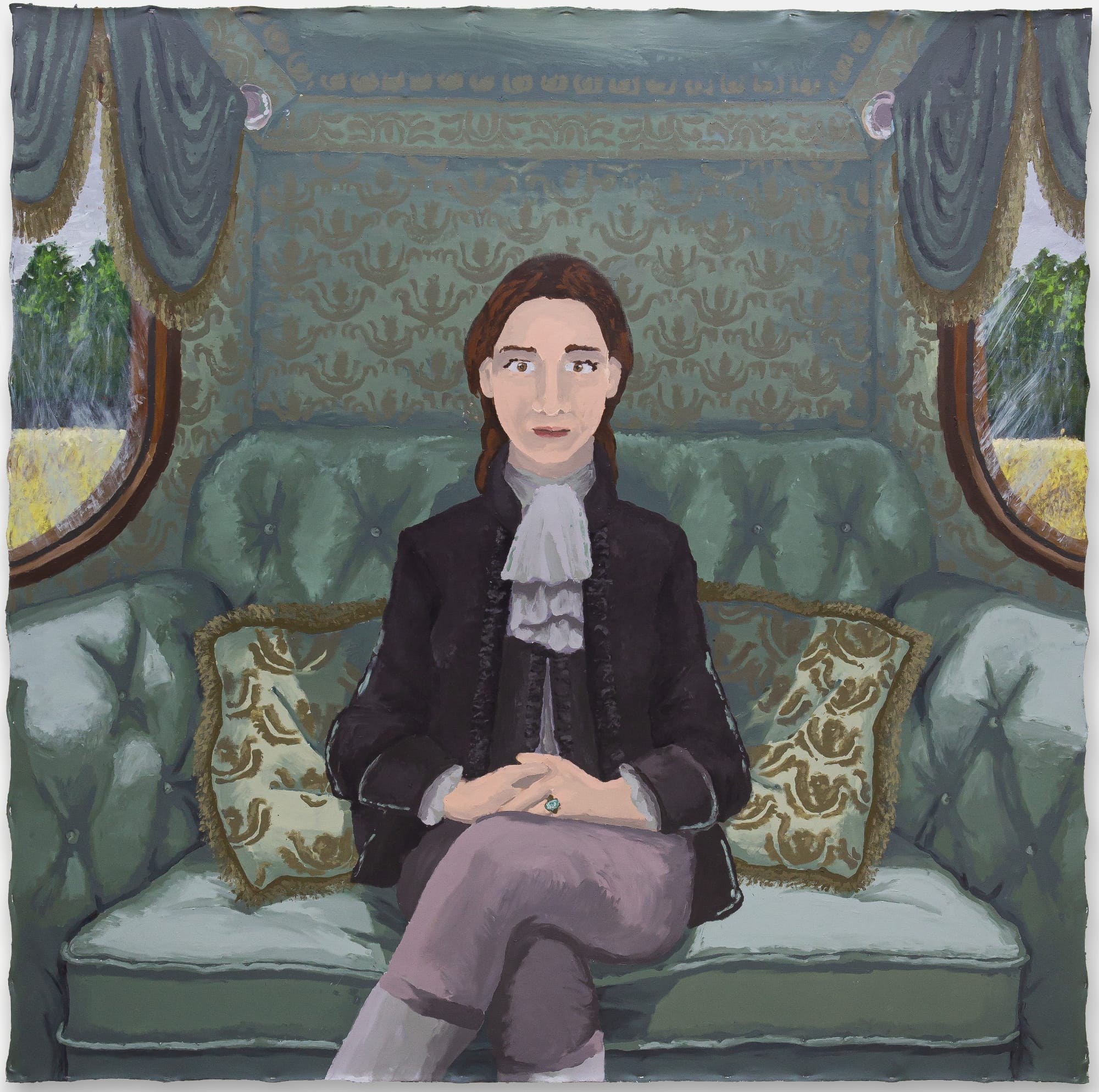 a painting by Manuela Solano of a woman seated in an ornate carriage