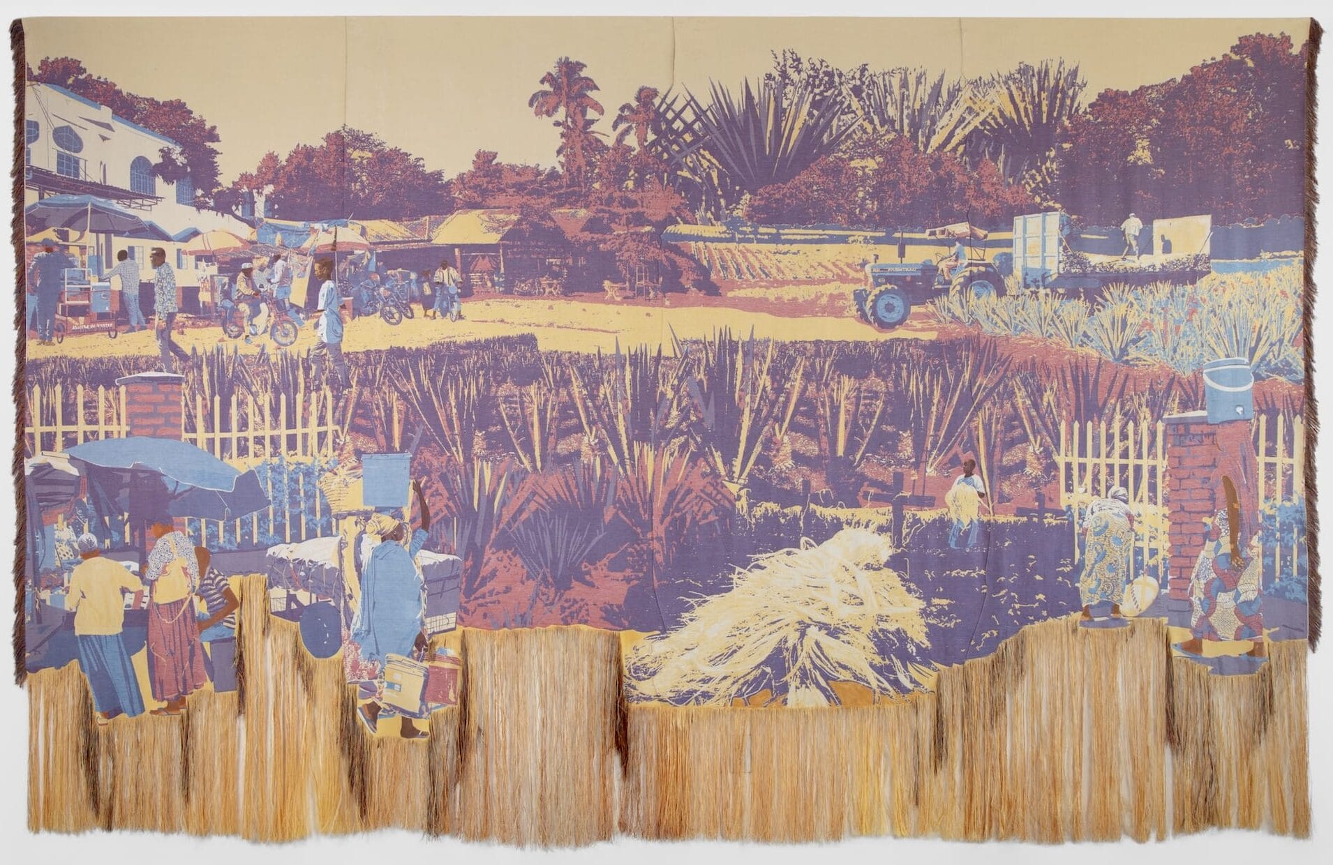 a textile work by Malaika Temba showing converging scenes of people working with sisal