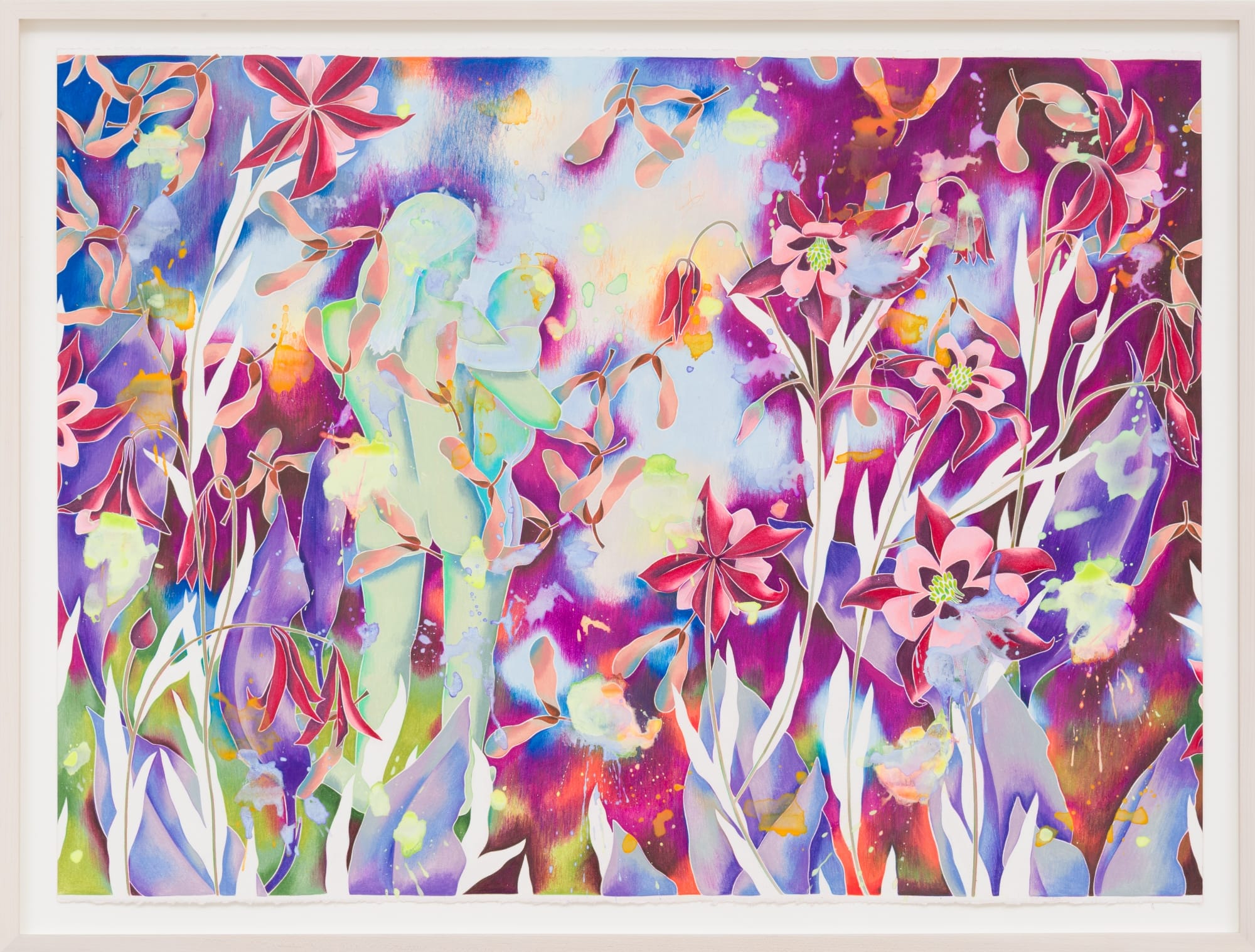 a colorful floral painting by Sarah Ann Weber with faint figurative details