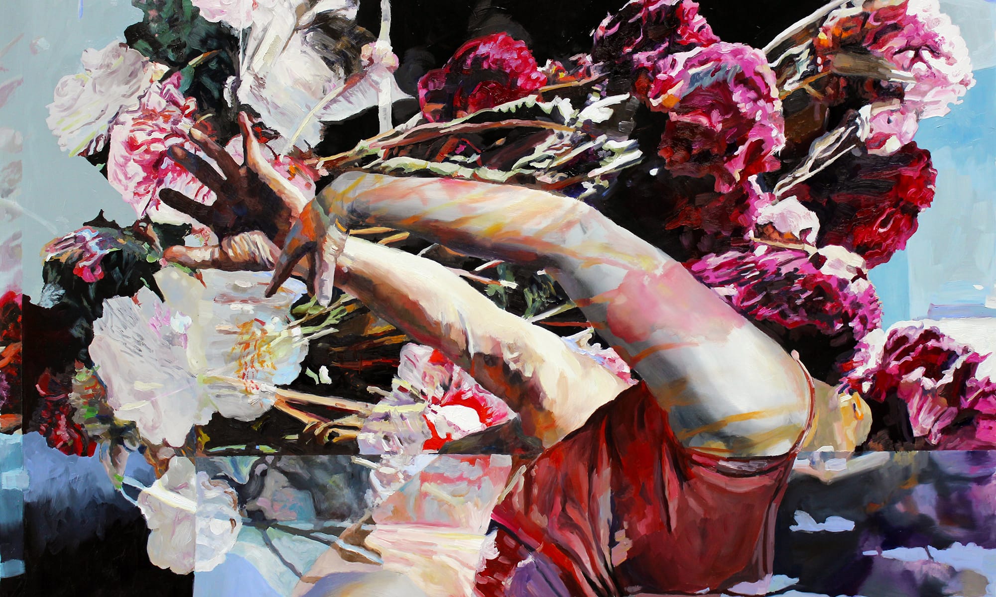 Abstract painting of flowers with arms stretched out towards the top left corner of the composition.