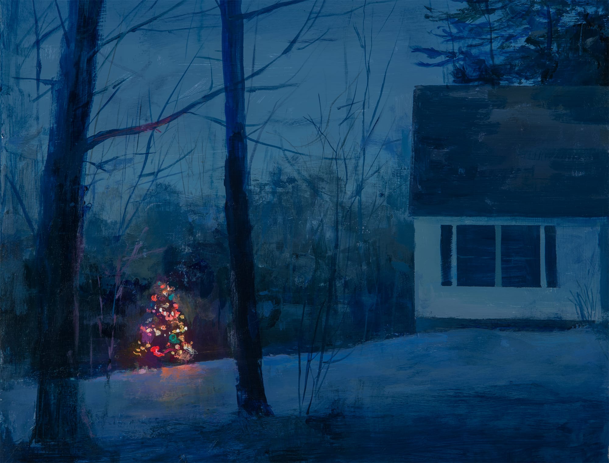 a snowy nighttime landscape by Jeremy Miranda with a glowing tree