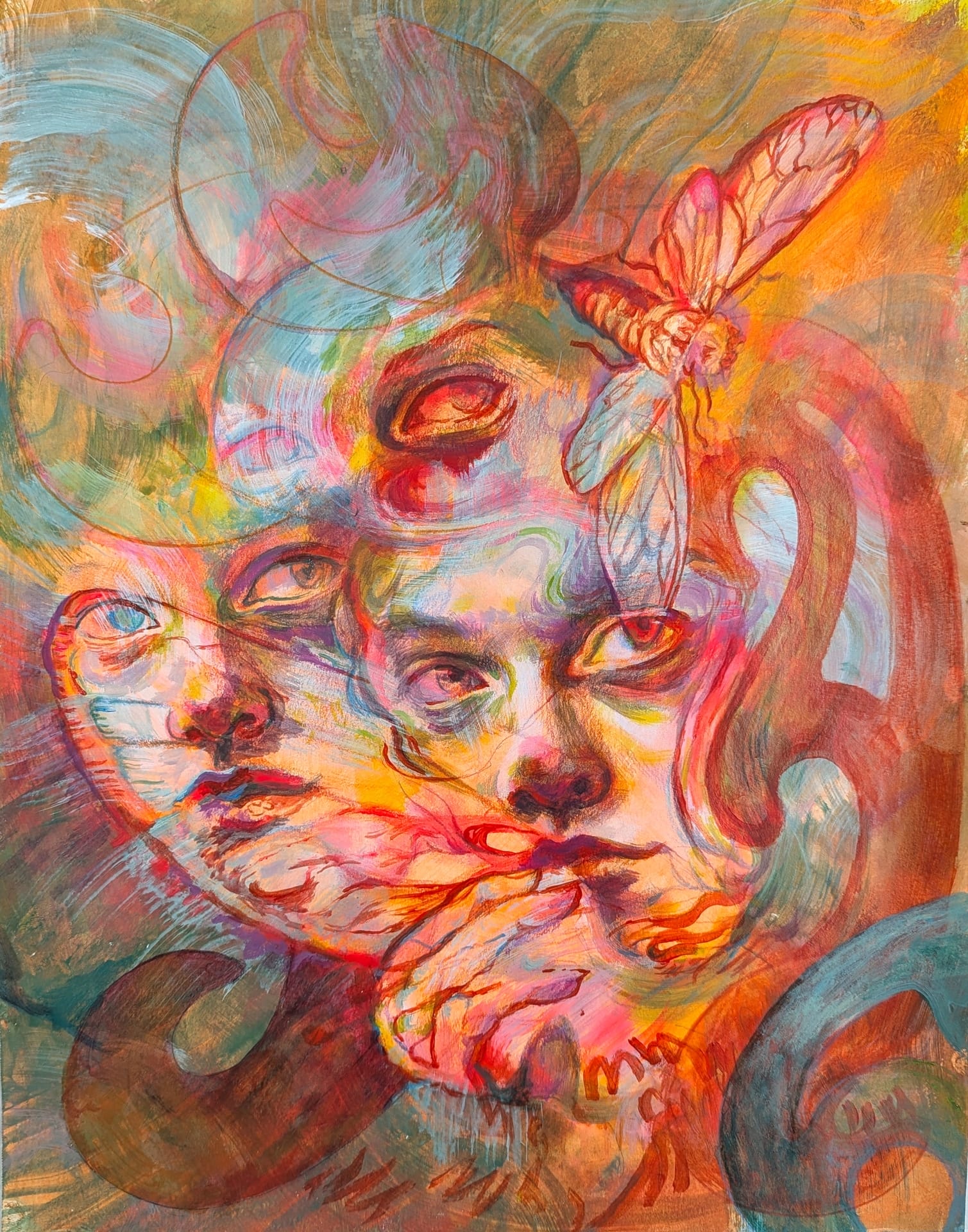 Abstract, colorful portrait that swirls and blends into butterfly forms.