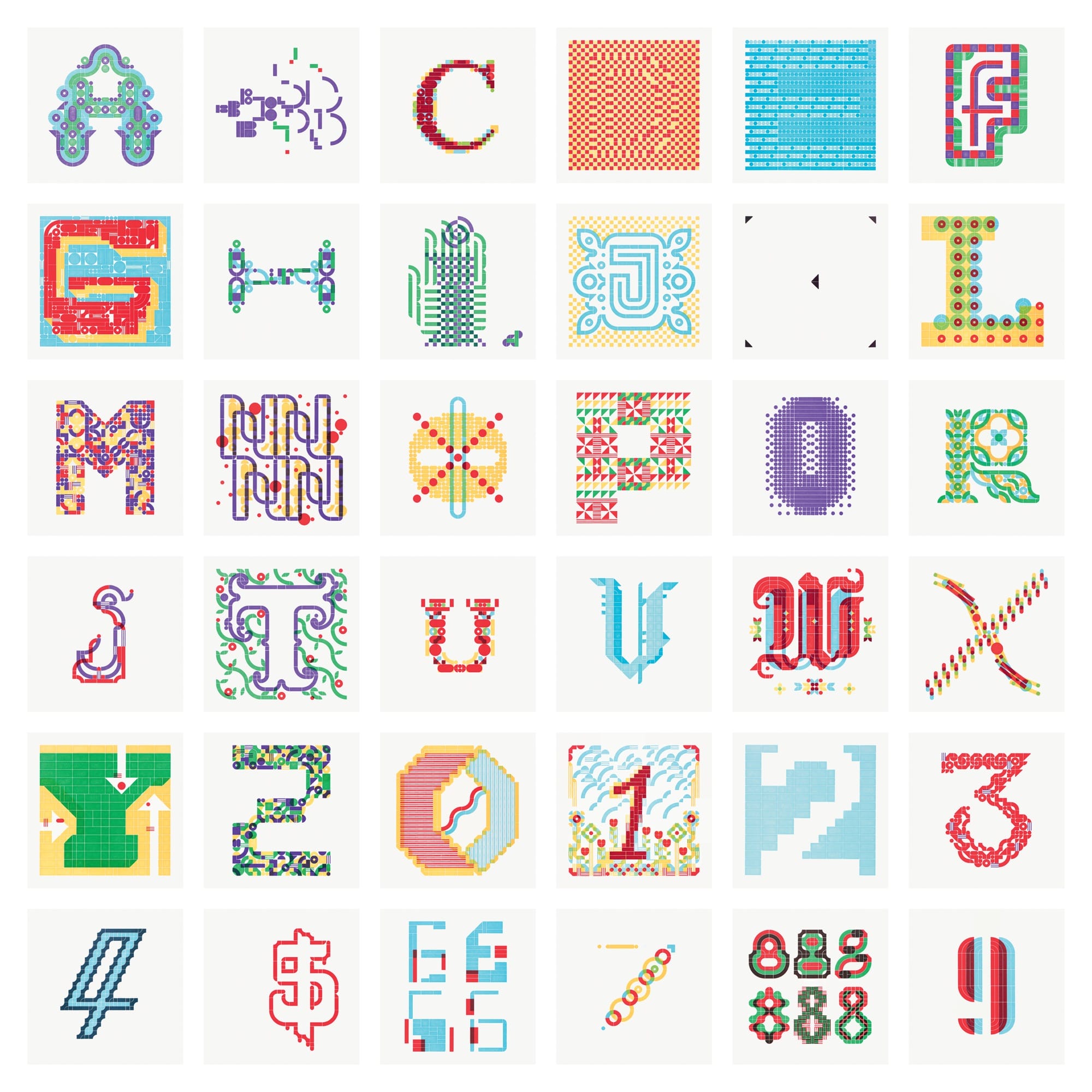 A composite image of artistic letterpress prints of the alphabet made from ink rolled onto modular LEGO bricks