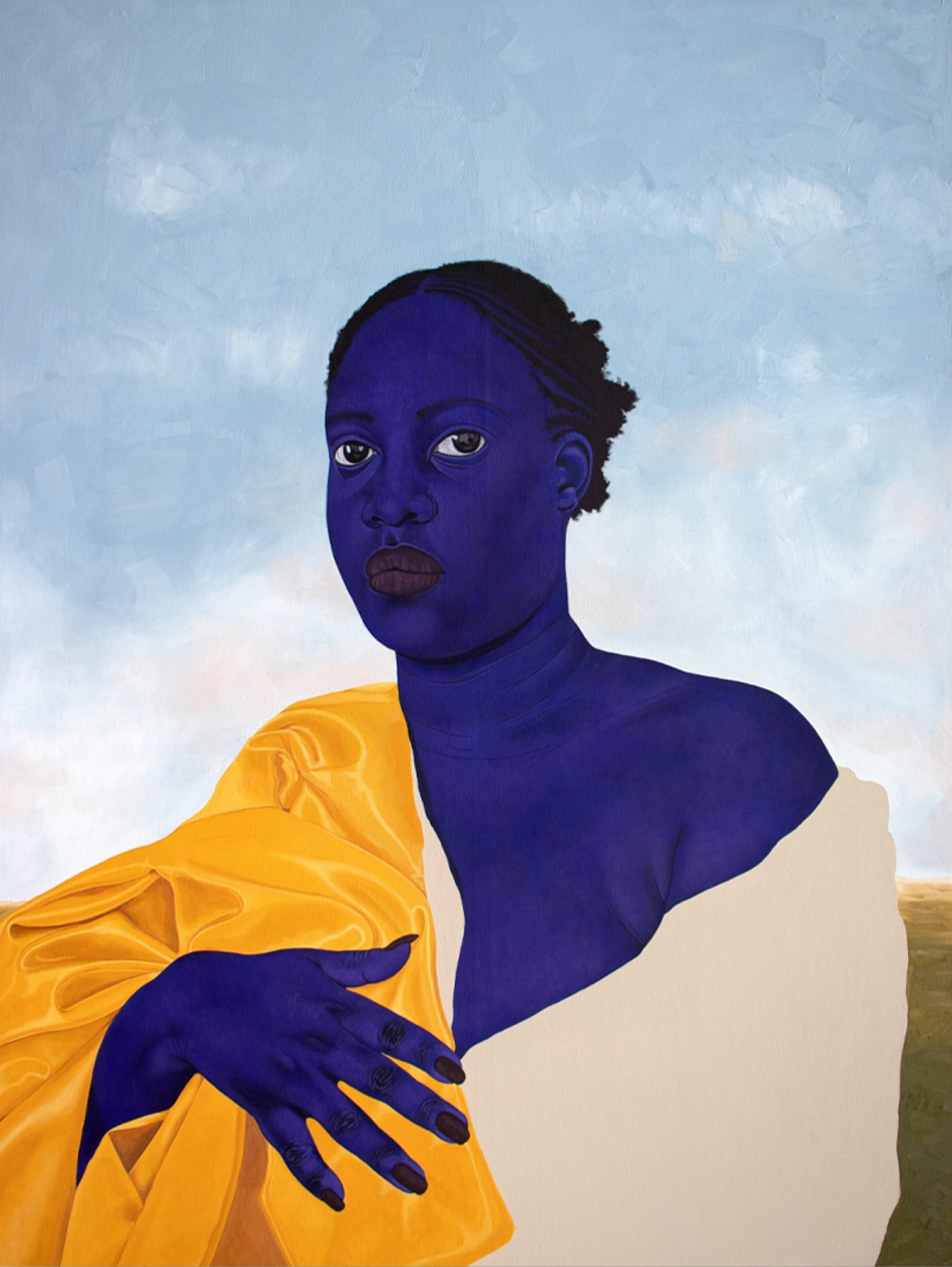 A painting by Stacy Gillian Abe of a blue-toned nude woman seated in front of a blue sky, wearing a toga-like garment
