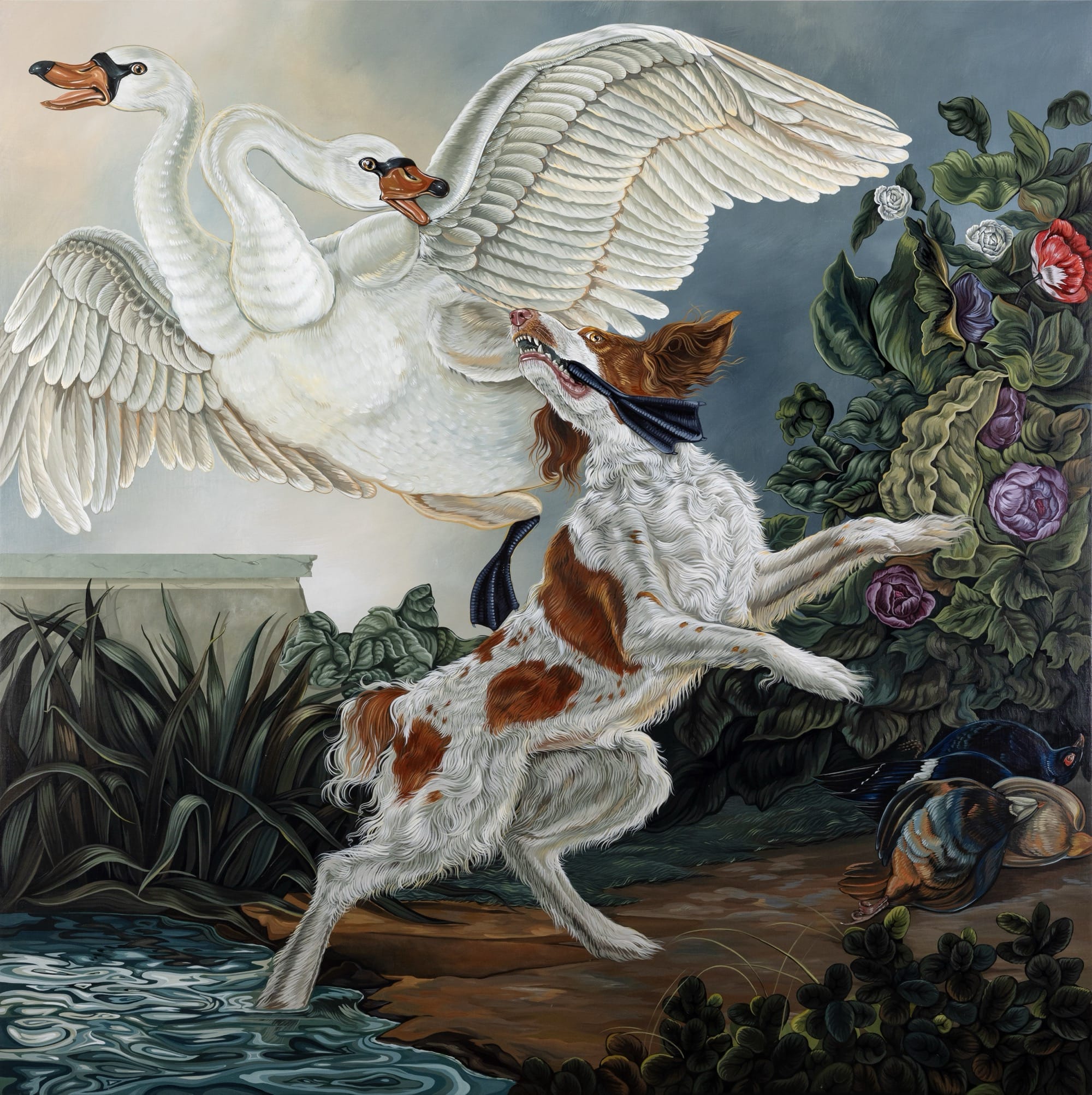 A painting by Sabrina Bockler of a two-headed goose being grabbed by the foot by a hunting dog, surrounded by flowers