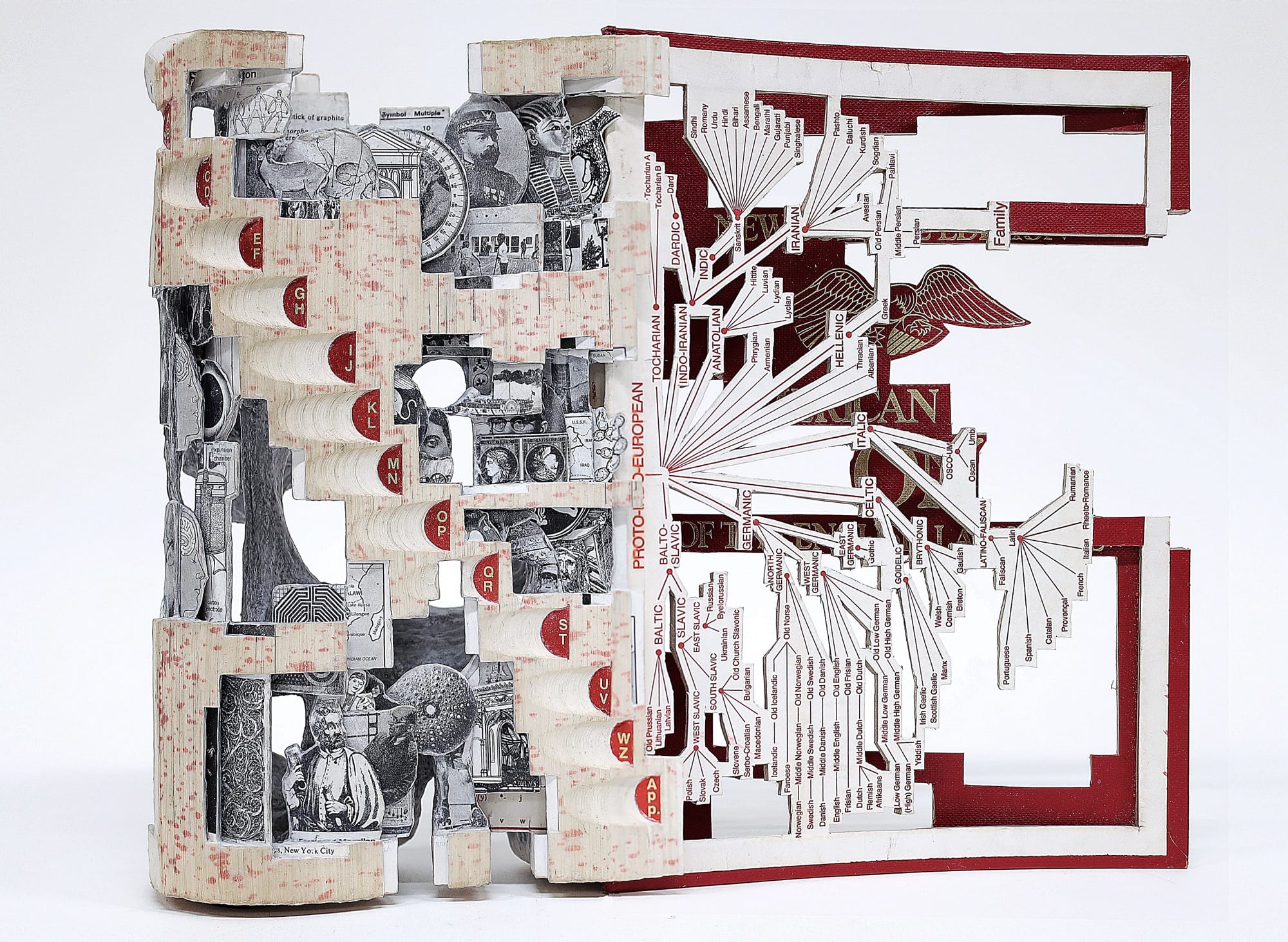 A sculpture by Brian Dettmer made from a manipulated and reassambled hardcover book