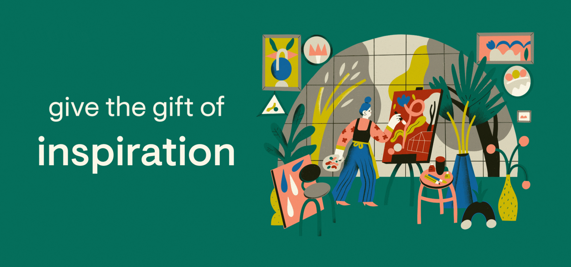 a gif that says "give the gift of inspiration, creativity, joy, community, Colossal" with an illustration of an artist painting in a studio