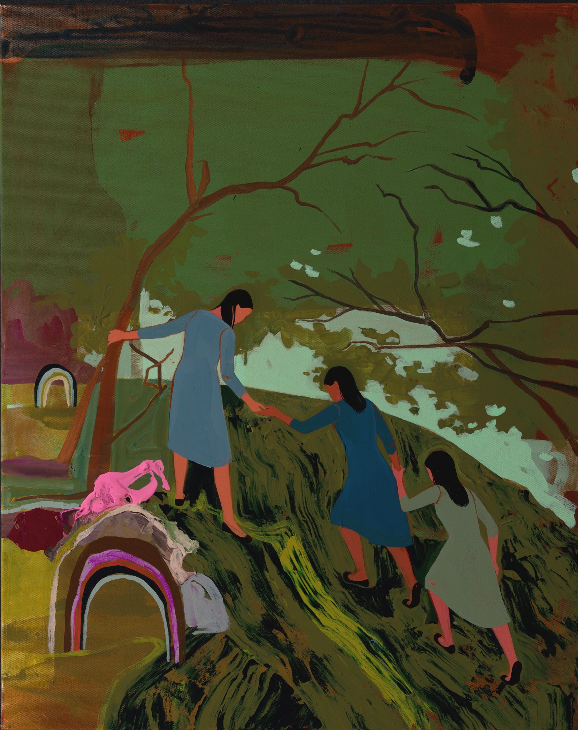 an abstract landscape painting by Seonna Hong with small figures in the foreground