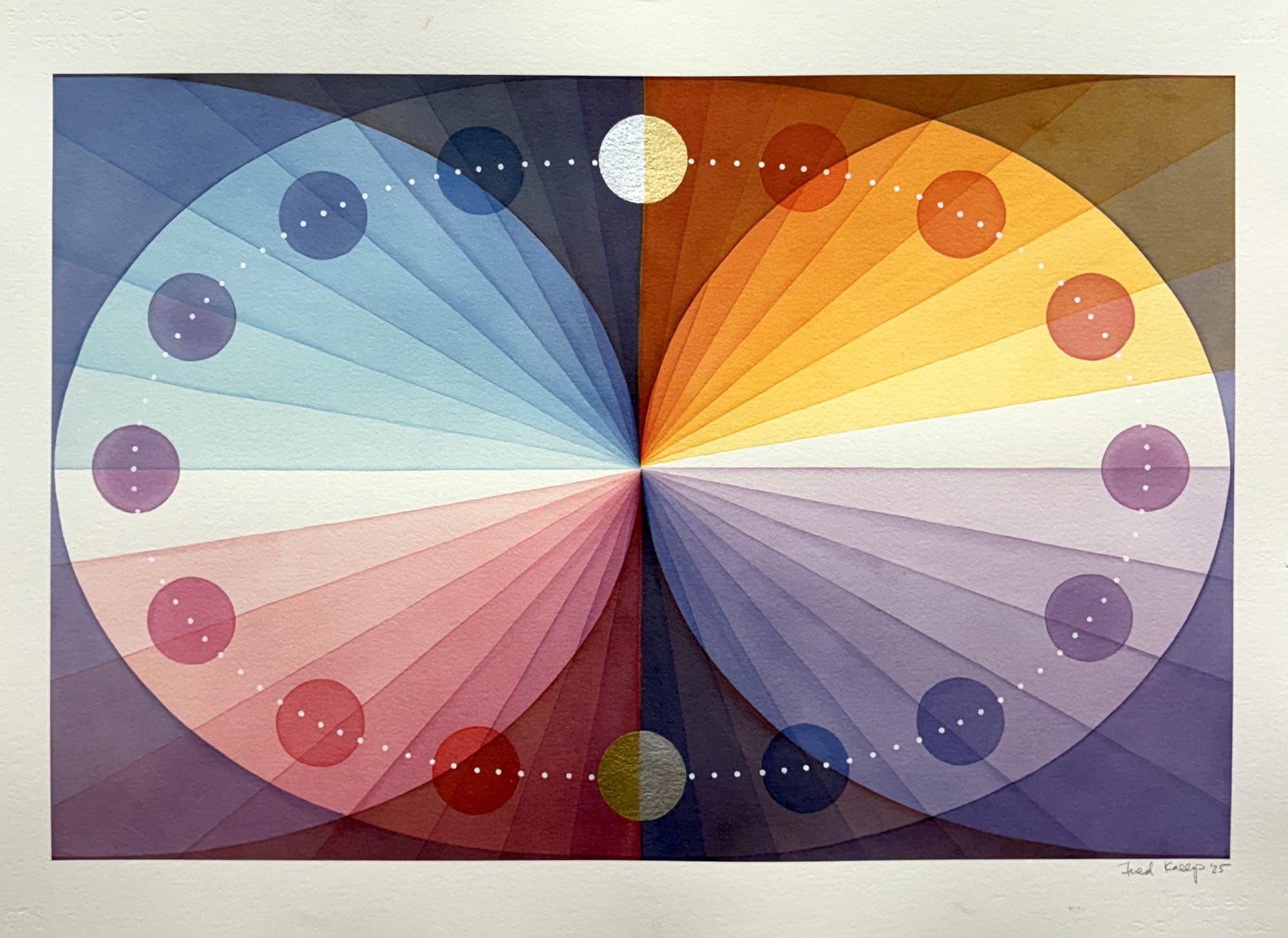 an abstract work by Field Kallop with circles and lines delineating a smooth gradient of color