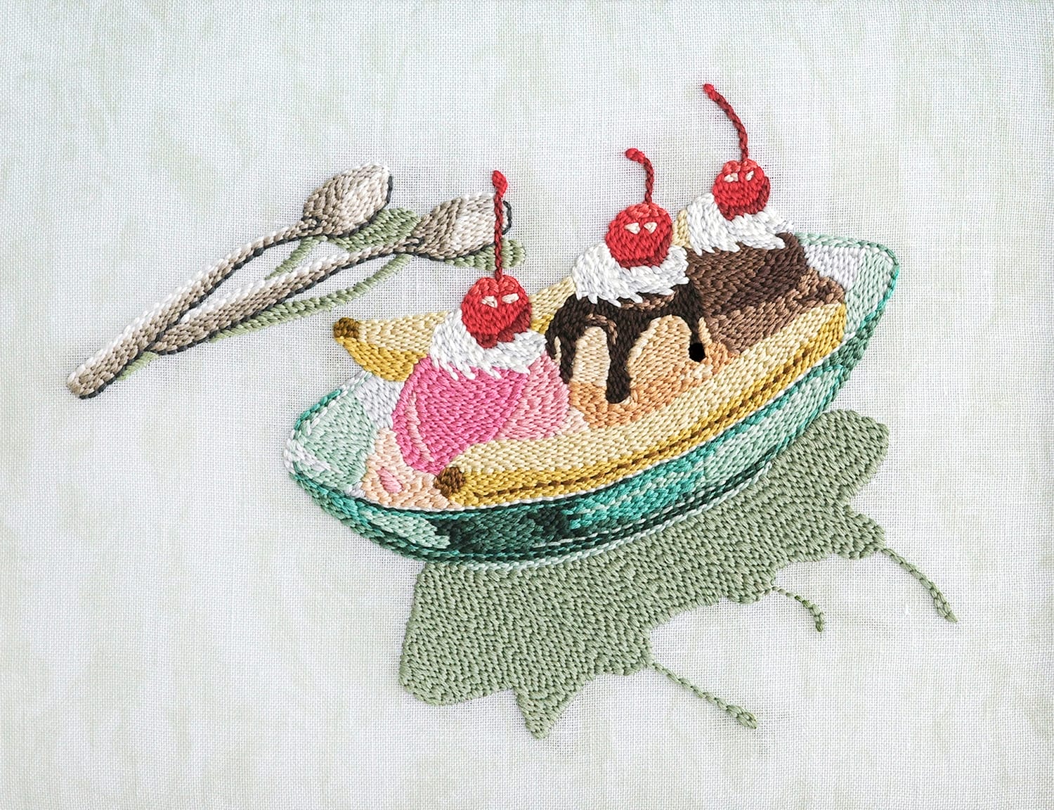 an embroidery of a banana split by adrienna matzeg