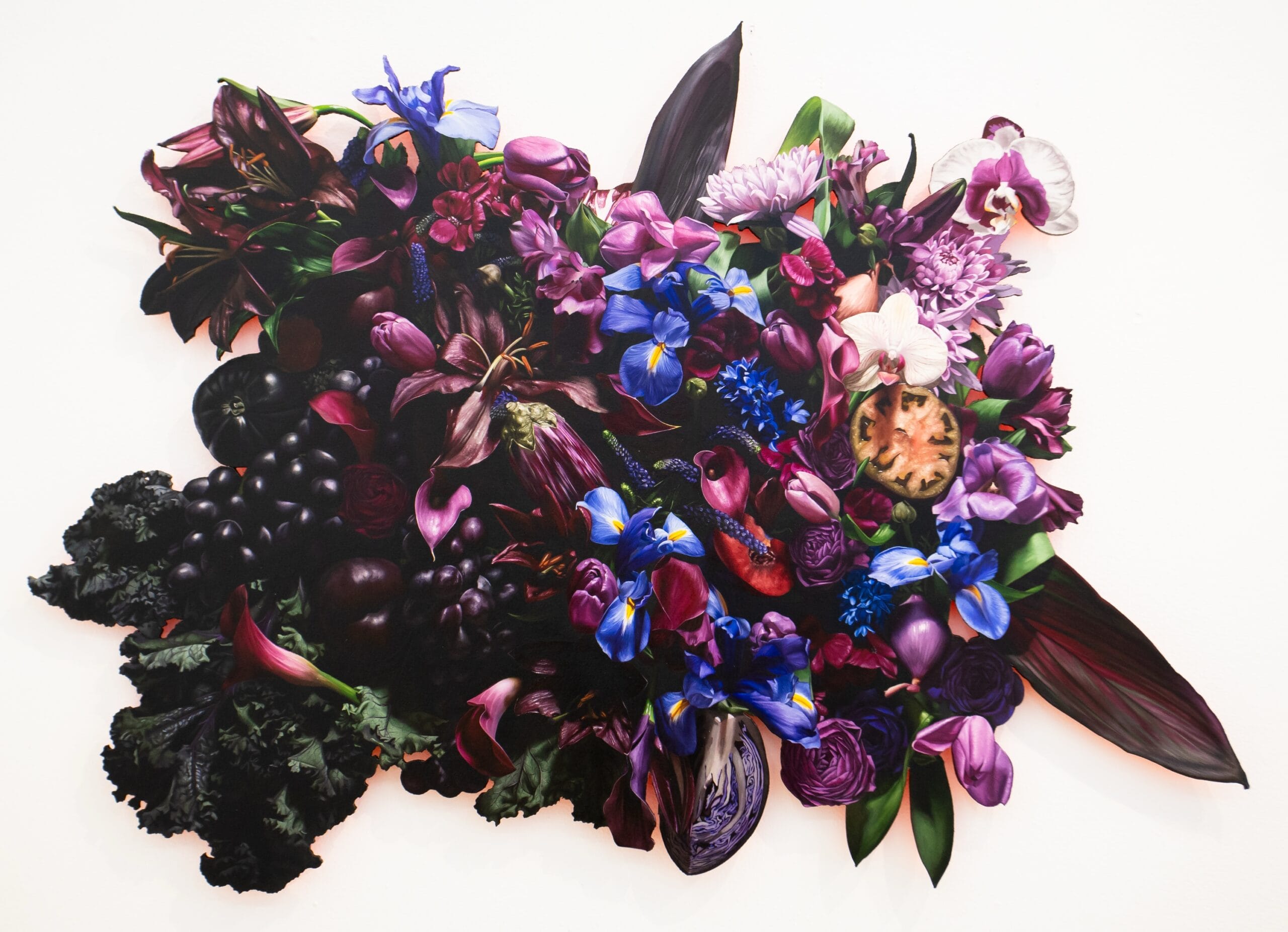 a hyperrealistic floral bouquet in an organic shape by Mason Pott. the flowers and fruits are deep purples and reds