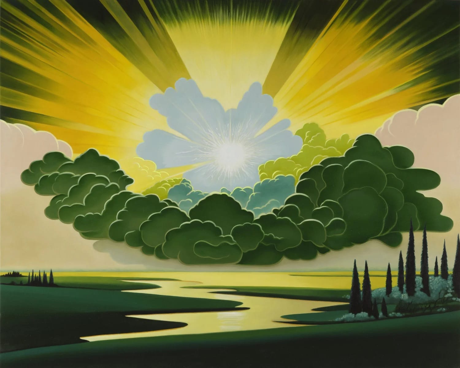 A landscape painting by Gabe Benzur of a riverine scene with the sun behind green clouds