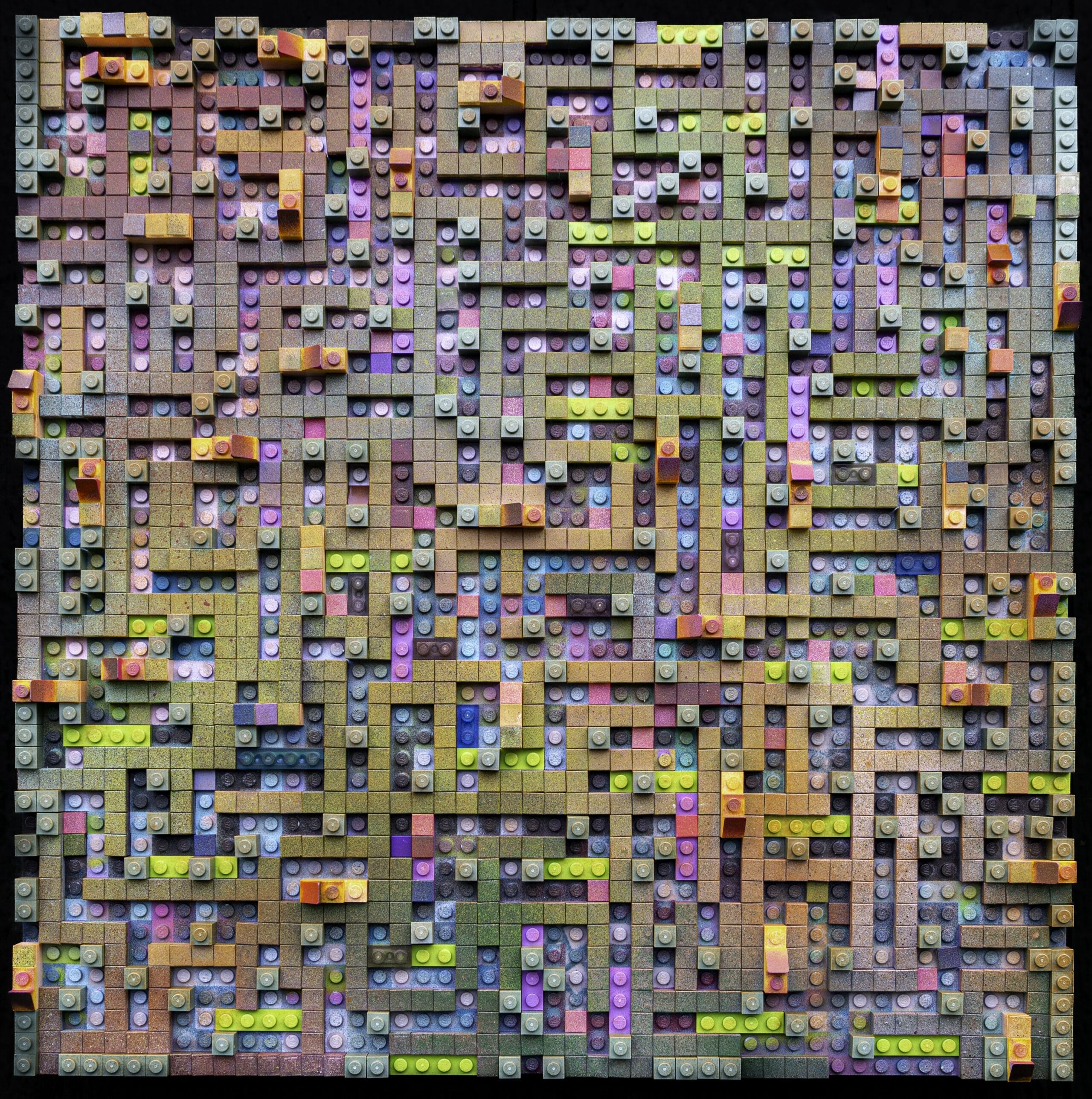 A colorful, geometric composition by Katherine Duclos using LEGO bricks and paint